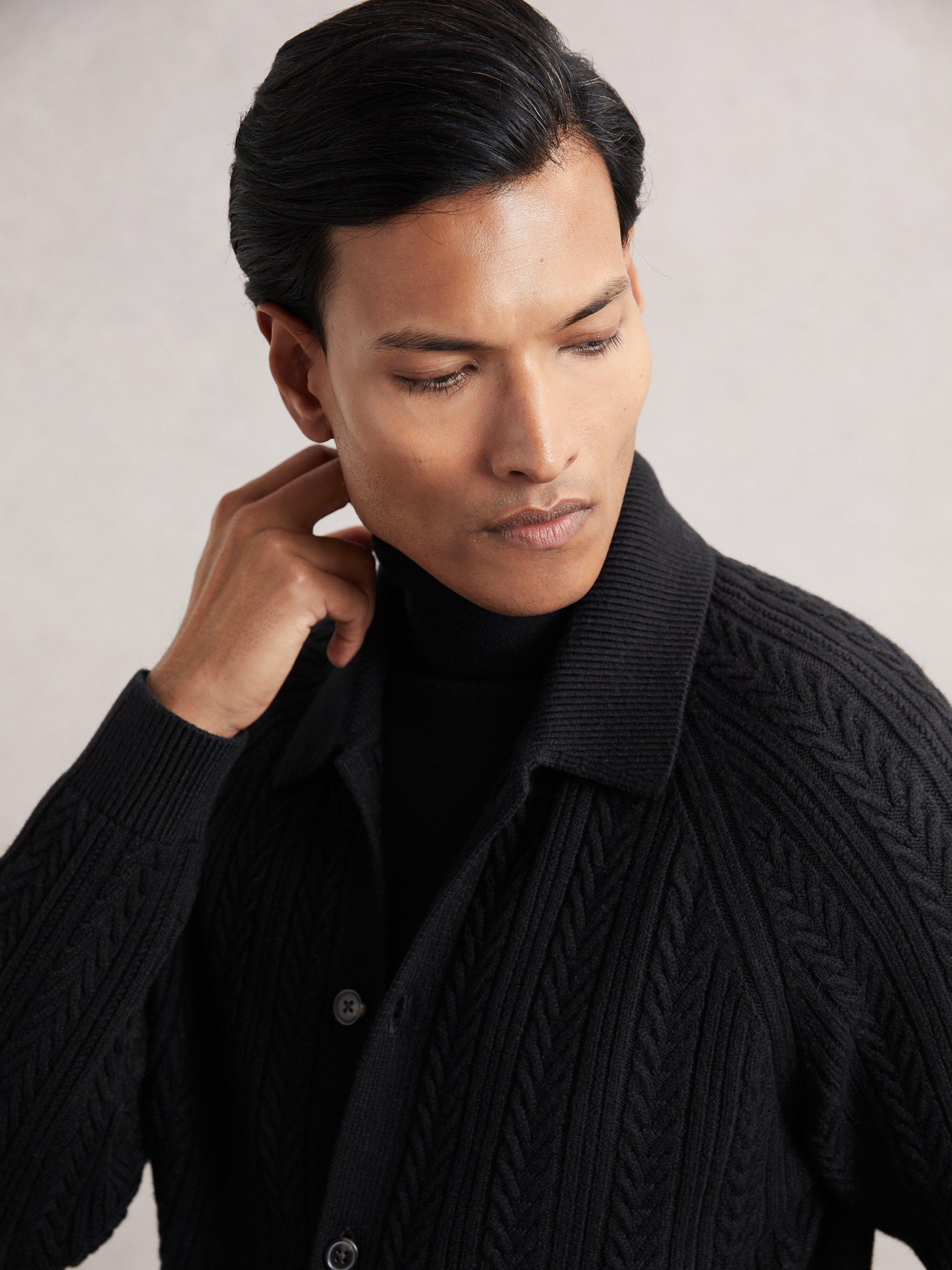 Product image 3 of 5, which shows Reiss Martley Cable Knit Cardigan, Black, L