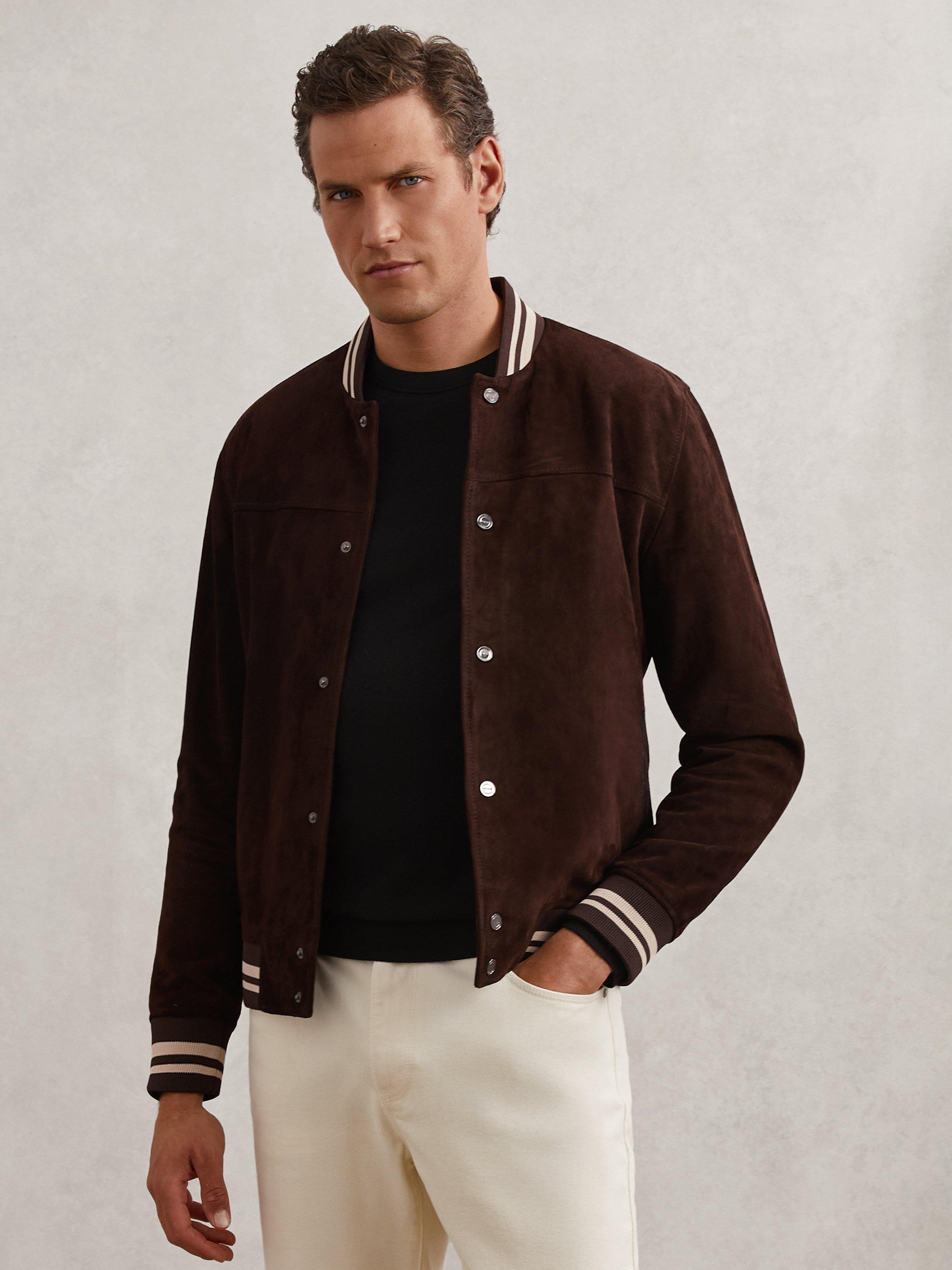 Product image 1 of 5, which shows Reiss Banridge Suede Bomber Jacket, Chocolate Brown, S