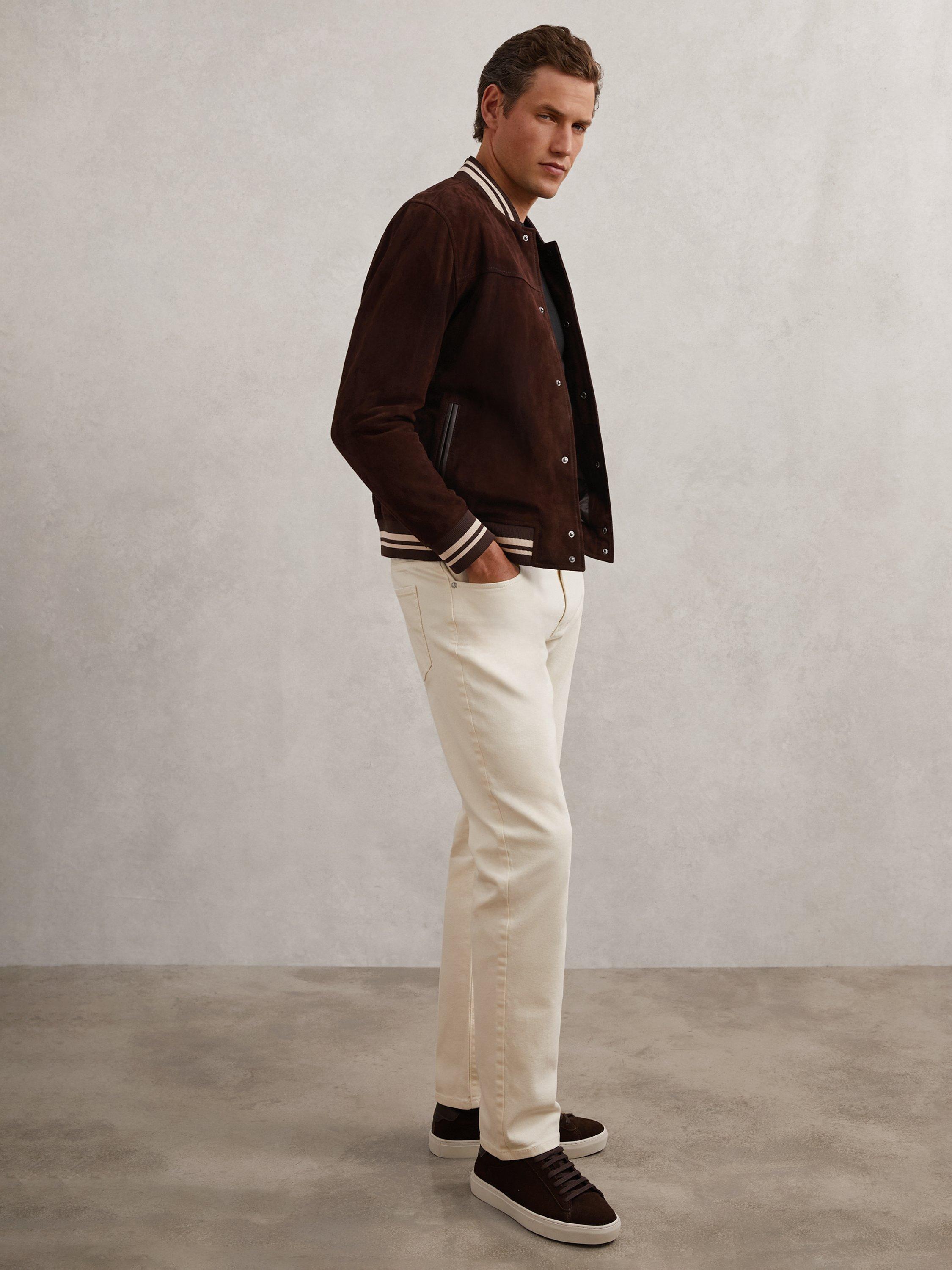 Product image 2 of 5, which shows Reiss Banridge Suede Bomber Jacket, Chocolate Brown, S