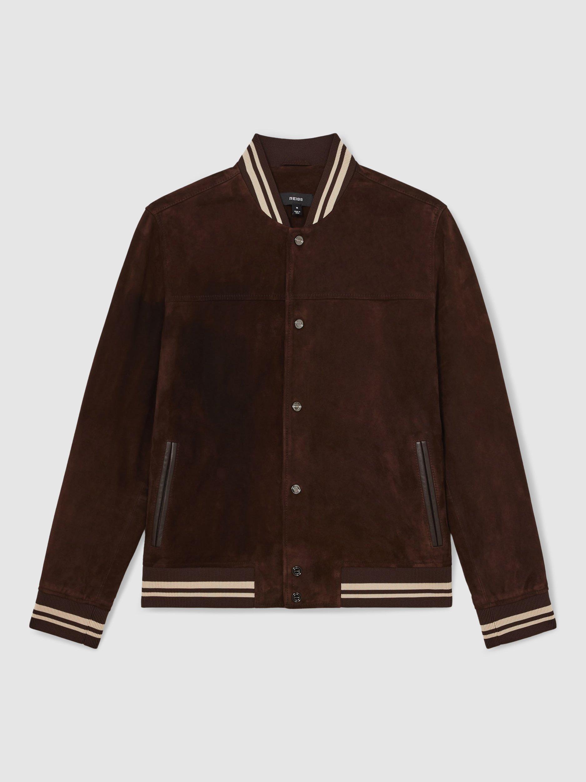 Product image 3 of 5, which shows Reiss Banridge Suede Bomber Jacket, Chocolate Brown, S