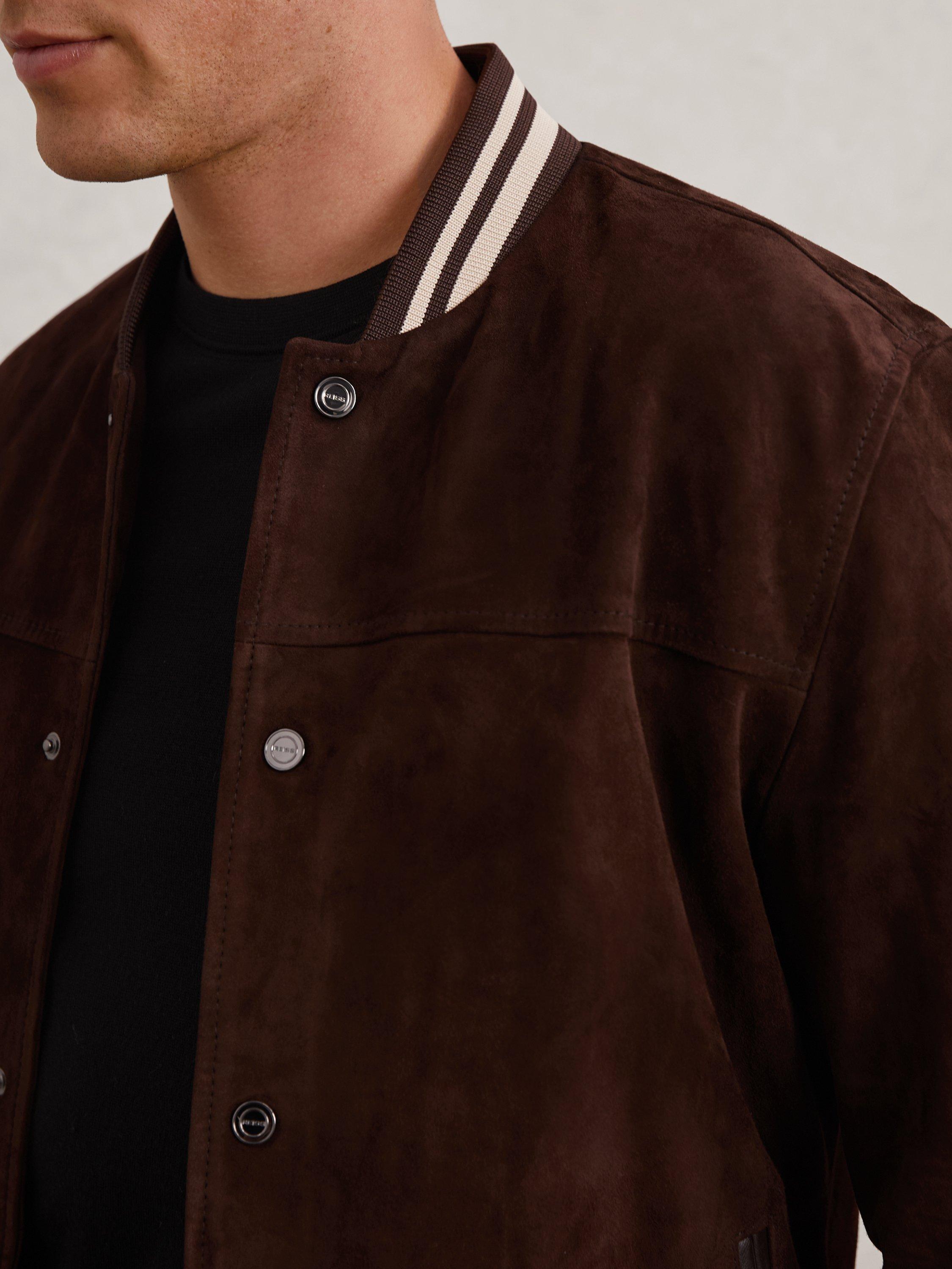 Product image 5 of 5, which shows Reiss Banridge Suede Bomber Jacket, Chocolate Brown, S
