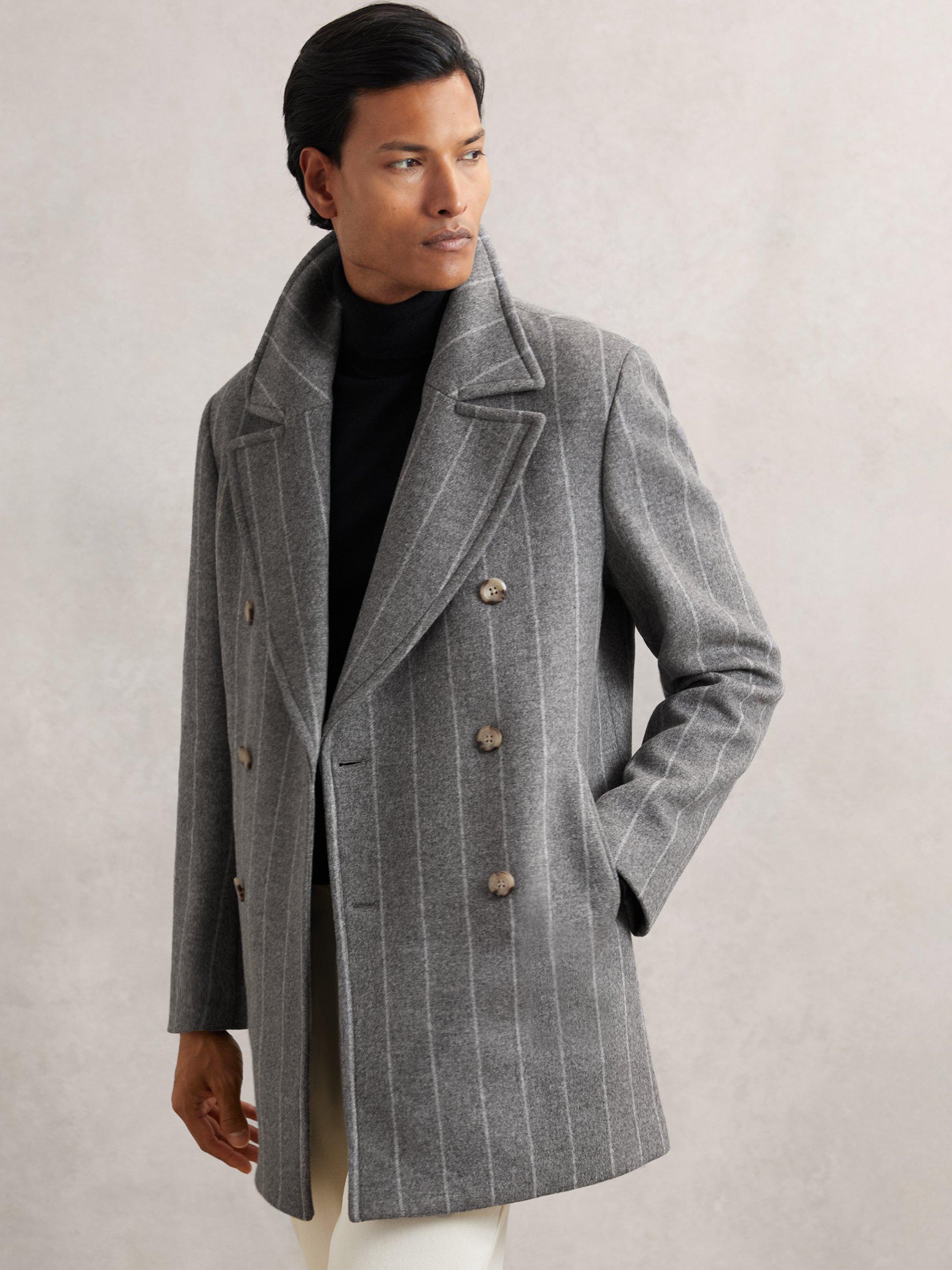 Product image 1 of 5, which shows Reiss Bergamo Wool Blend Stripe Peacoat, Grey, S