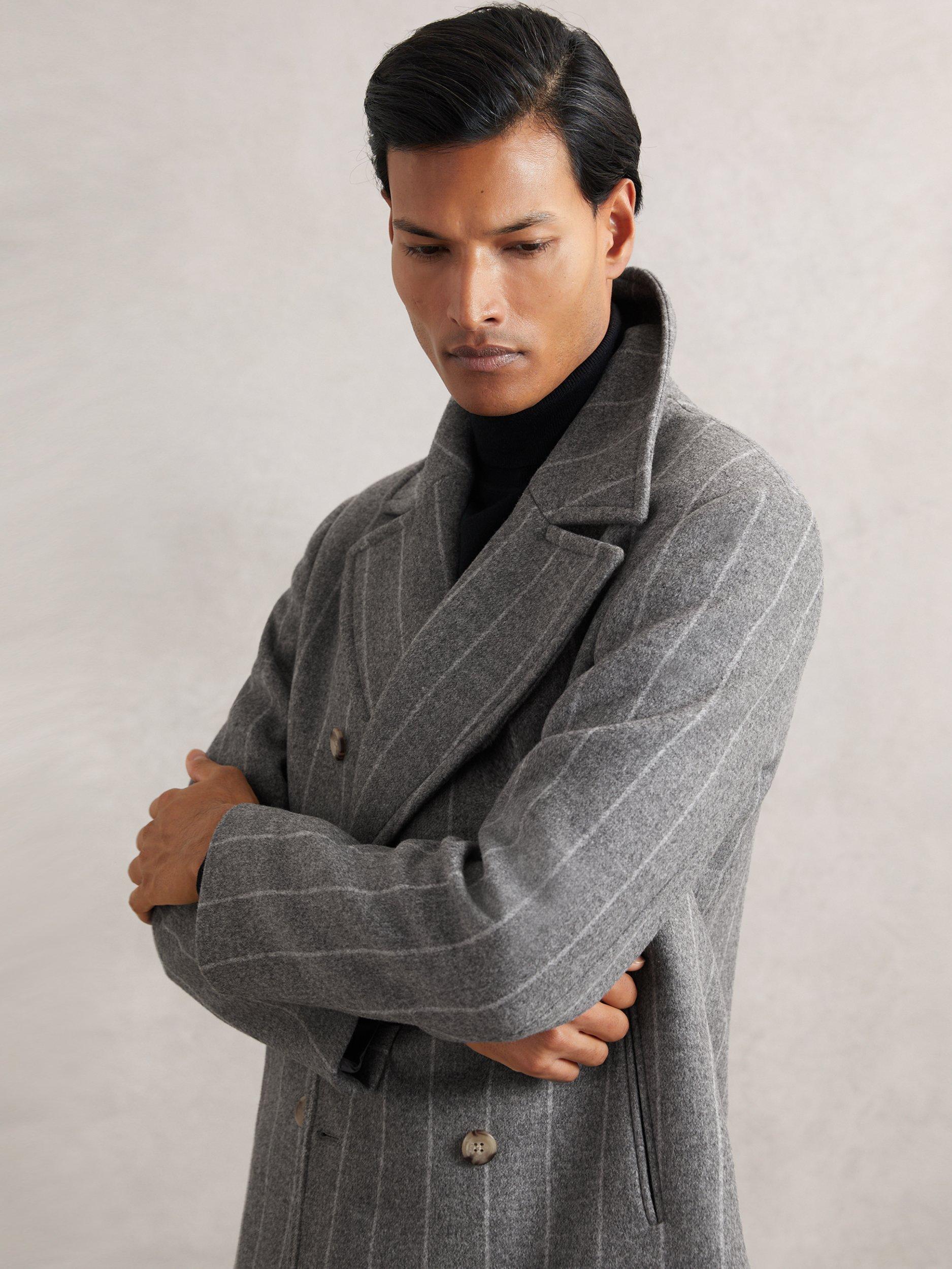 Product image 2 of 5, which shows Reiss Bergamo Wool Blend Stripe Peacoat, Grey, S