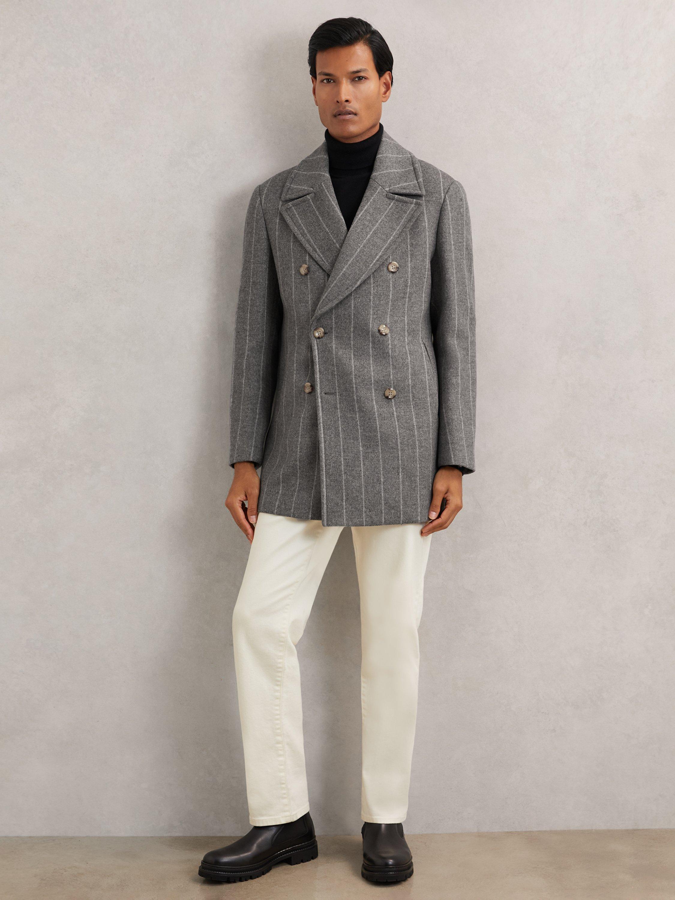 Product image 5 of 5, which shows Reiss Bergamo Wool Blend Stripe Peacoat, Grey, S