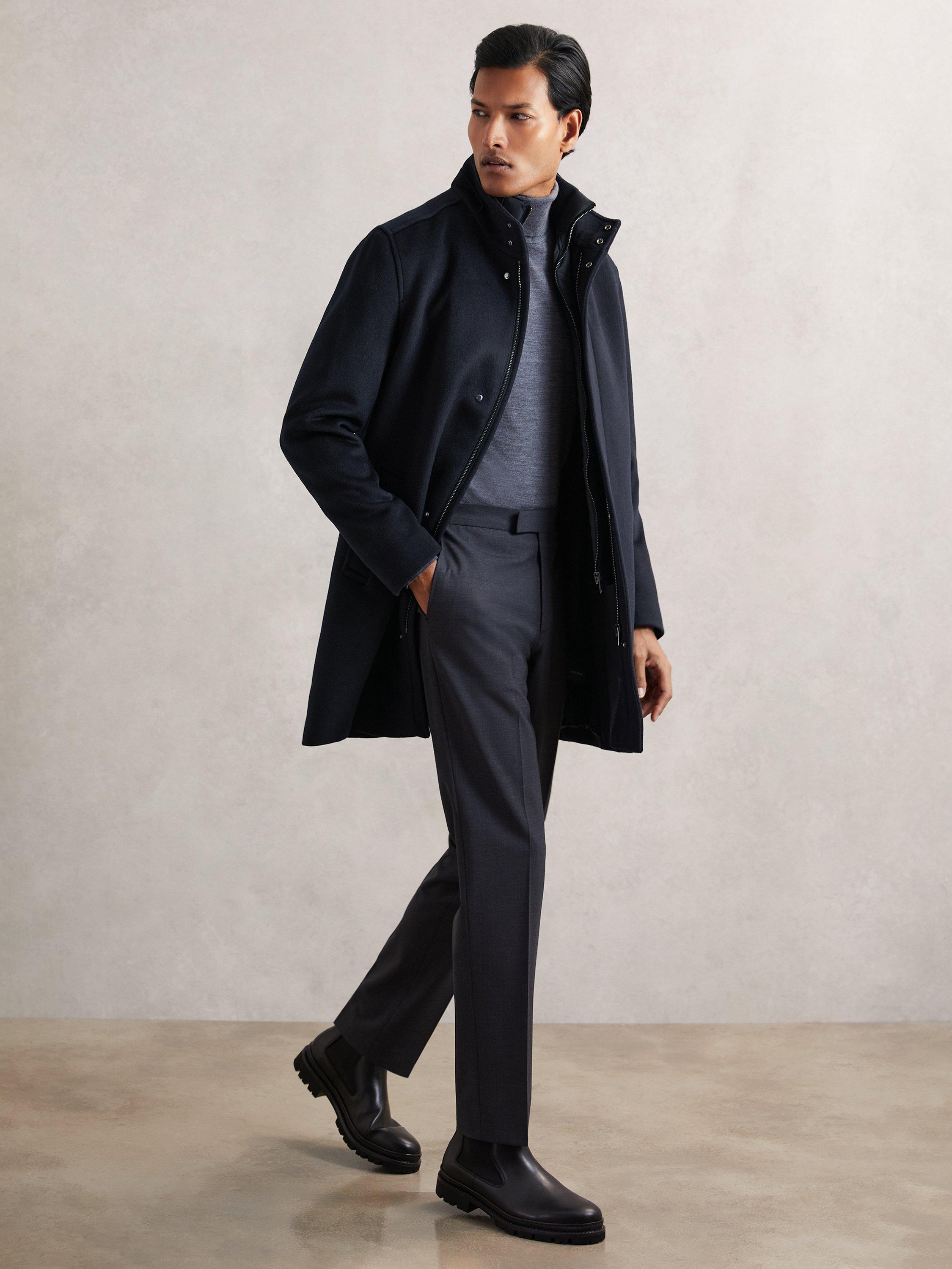 Product image 2 of 5, which shows Reiss Fuel Wool Blend Overcoat, Navy, XS
