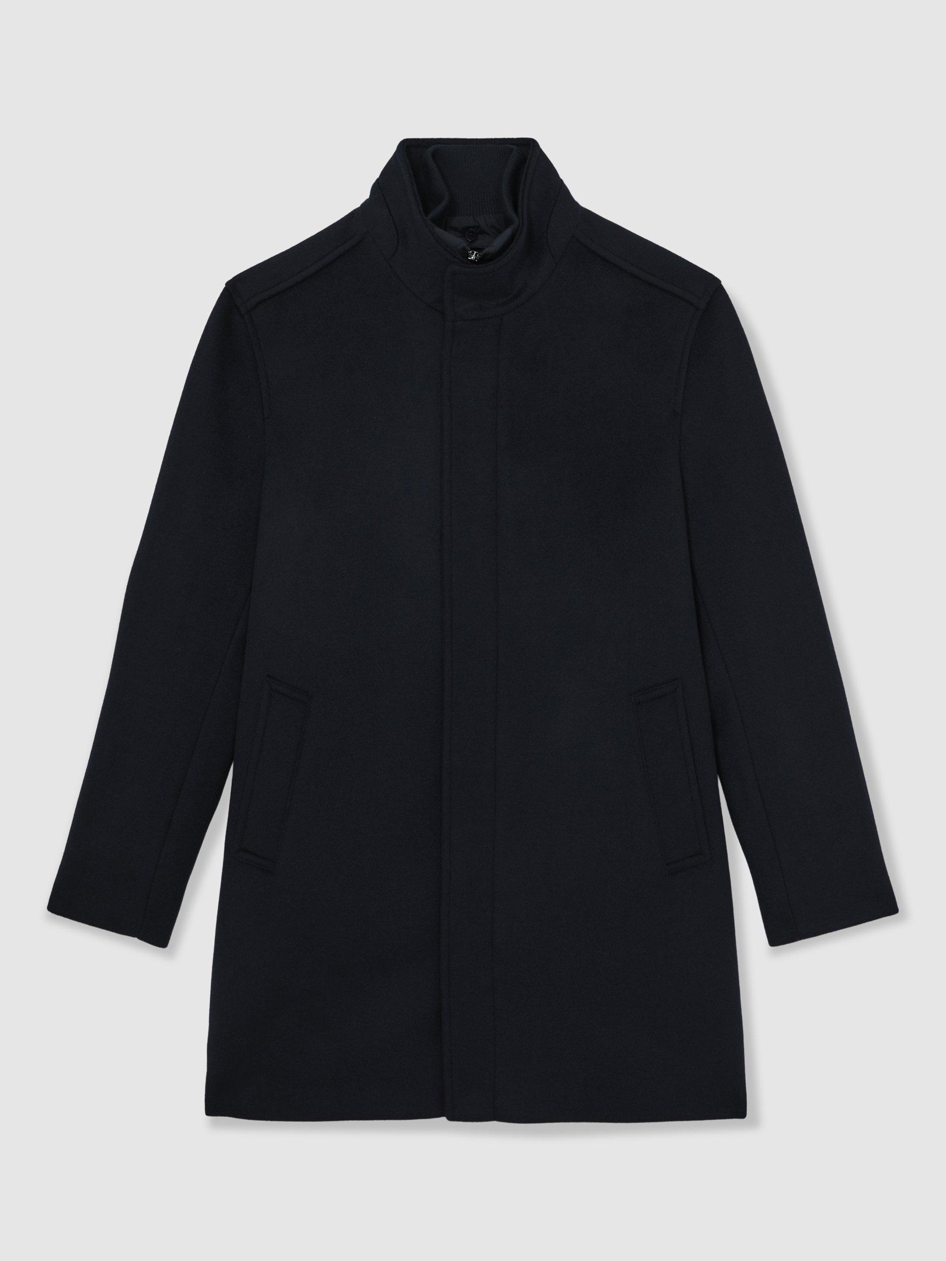 Product image 3 of 5, which shows Reiss Fuel Wool Blend Overcoat, Navy, XS
