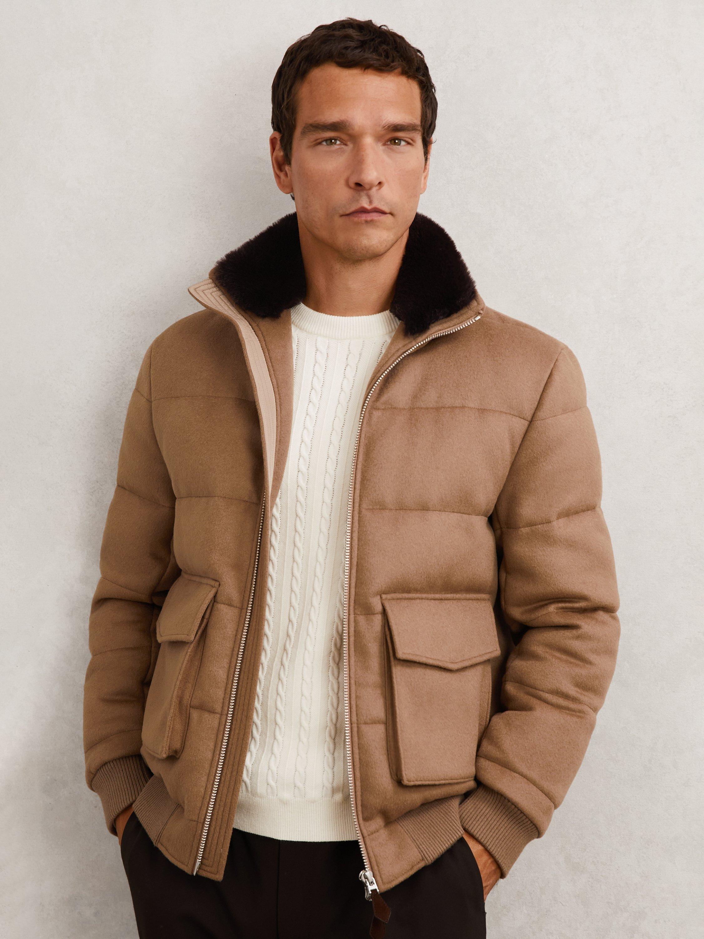 Reiss Gerald Wool Blend Bomber Jacket, Light Brown