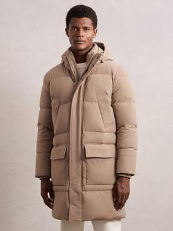 Reiss Moon Longline Hooded Quilted Puffer Coat,, Light Camel Brown