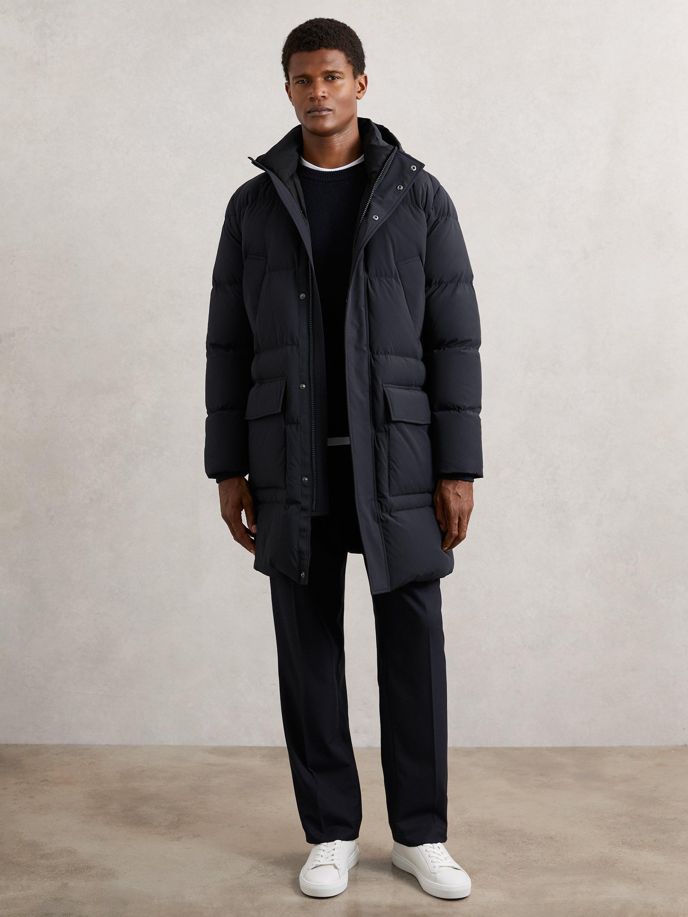 Product image 1 of 5, which shows Reiss Moon Longline Hooded Quilted Puffer Coat, Navy, S