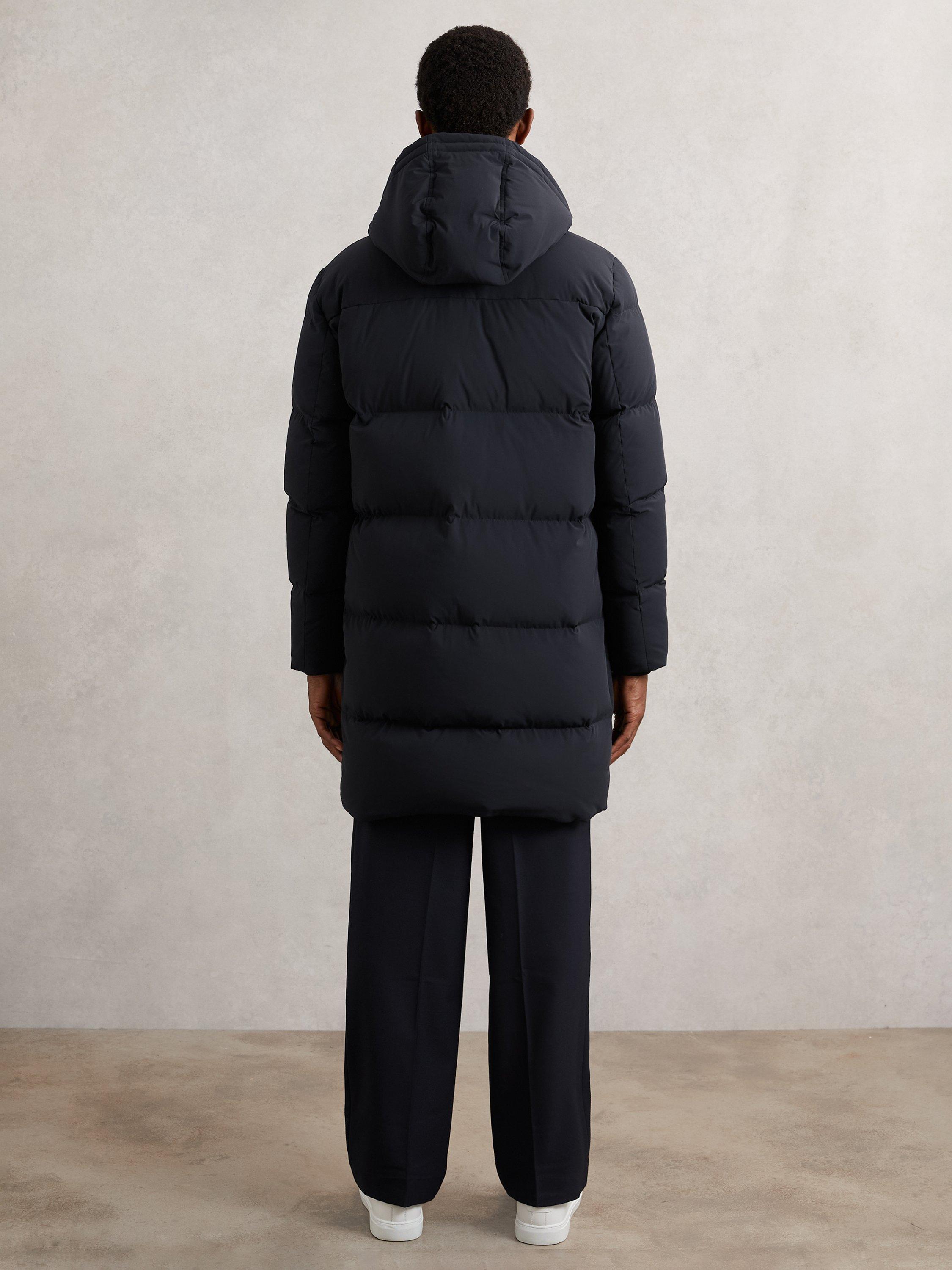 Product image 2 of 5, which shows Reiss Moon Longline Hooded Quilted Puffer Coat, Navy, S