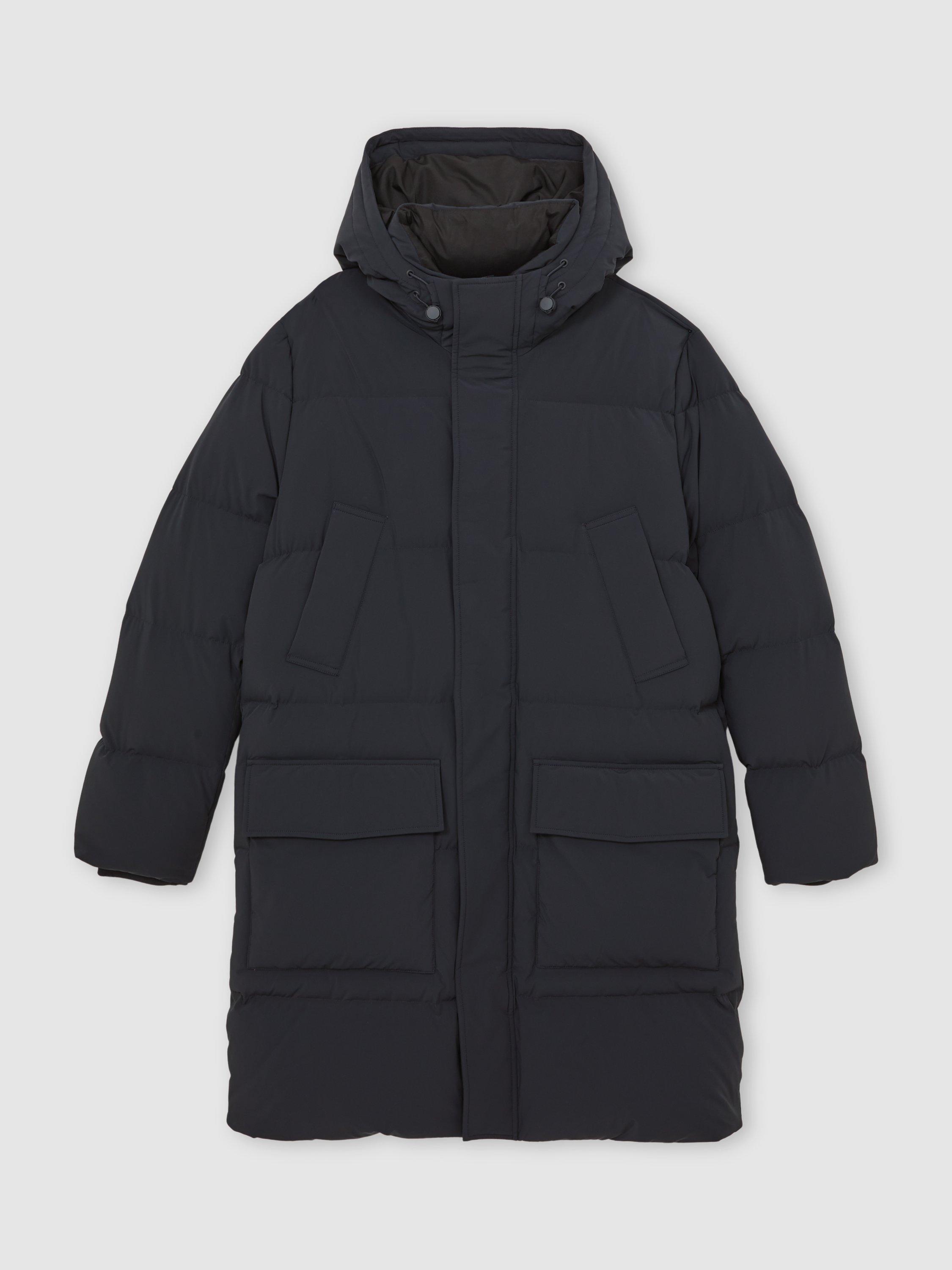 Product image 3 of 5, which shows Reiss Moon Longline Hooded Quilted Puffer Coat, Navy, S