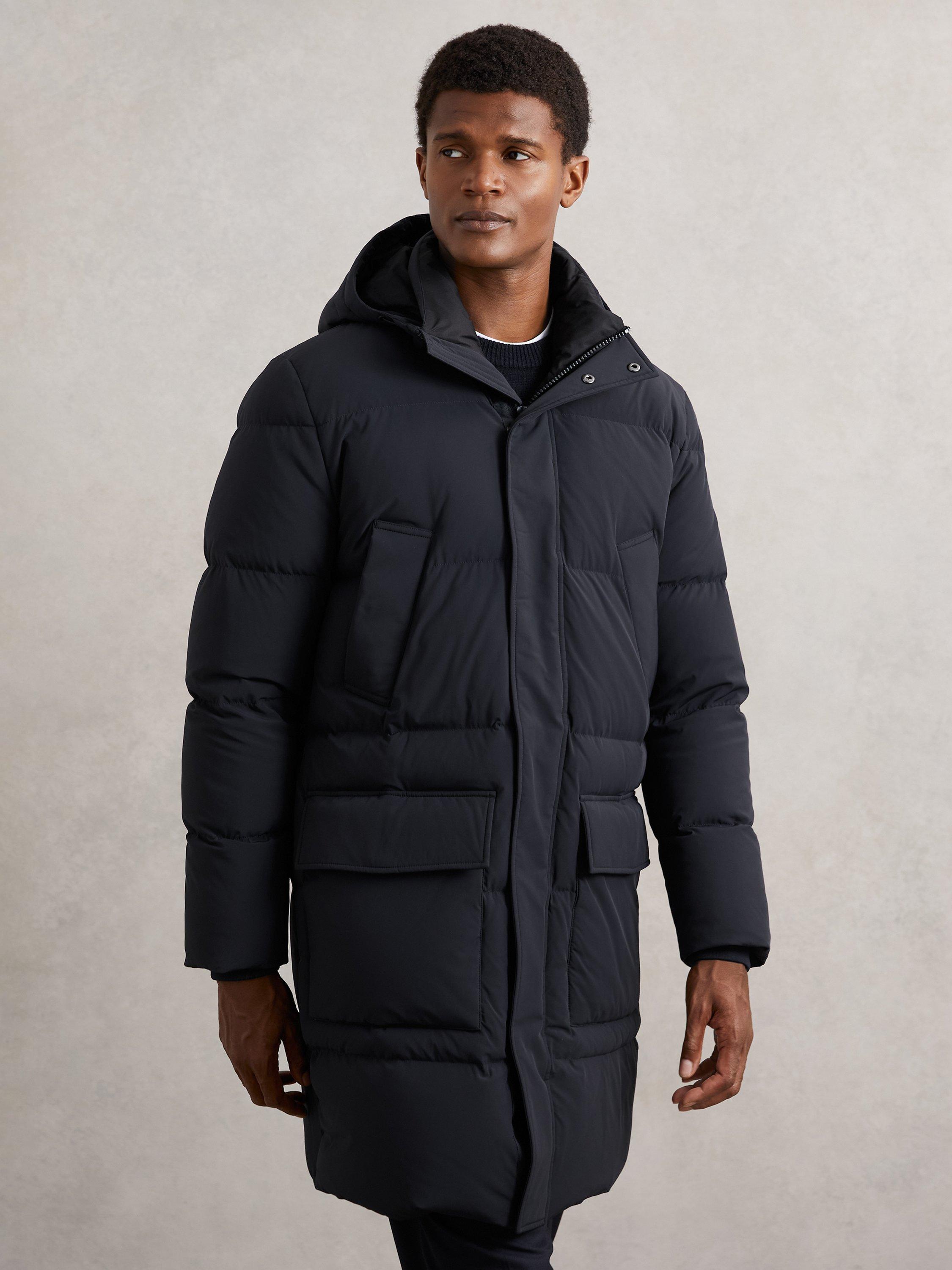 Product image 4 of 5, which shows Reiss Moon Longline Hooded Quilted Puffer Coat, Navy, S