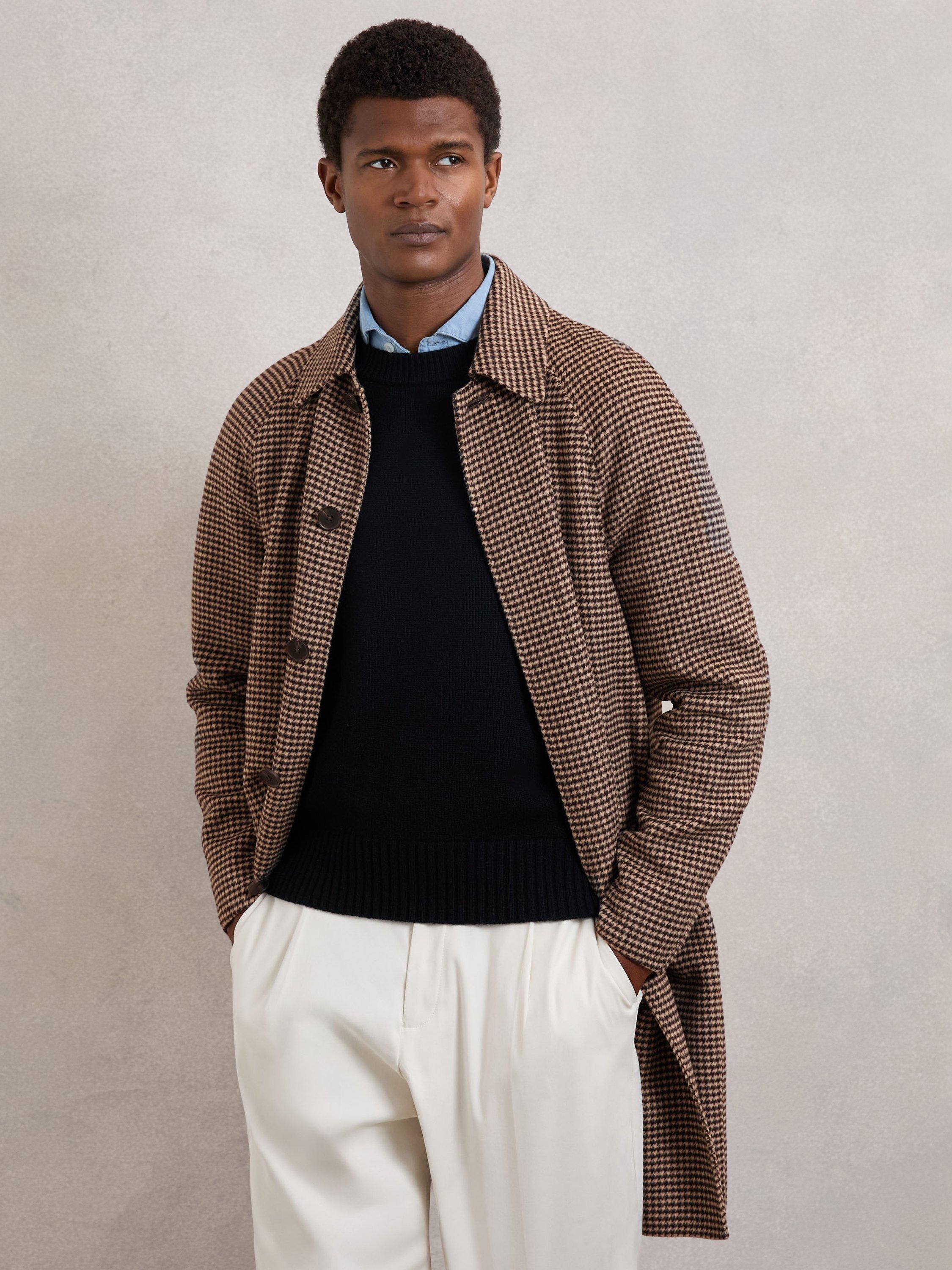 Product image 4 of 5, which shows Reiss Morpeth Wool Blend Check Overcoat, Brown, XS