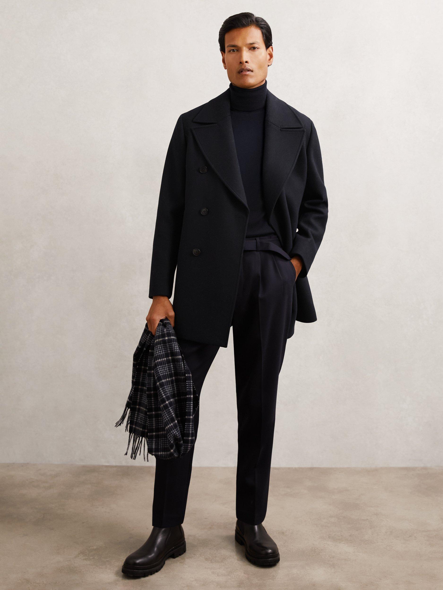 Product image 1 of 5, which shows Reiss Present Wool Rich Double Breasted Overcoat, Navy, M