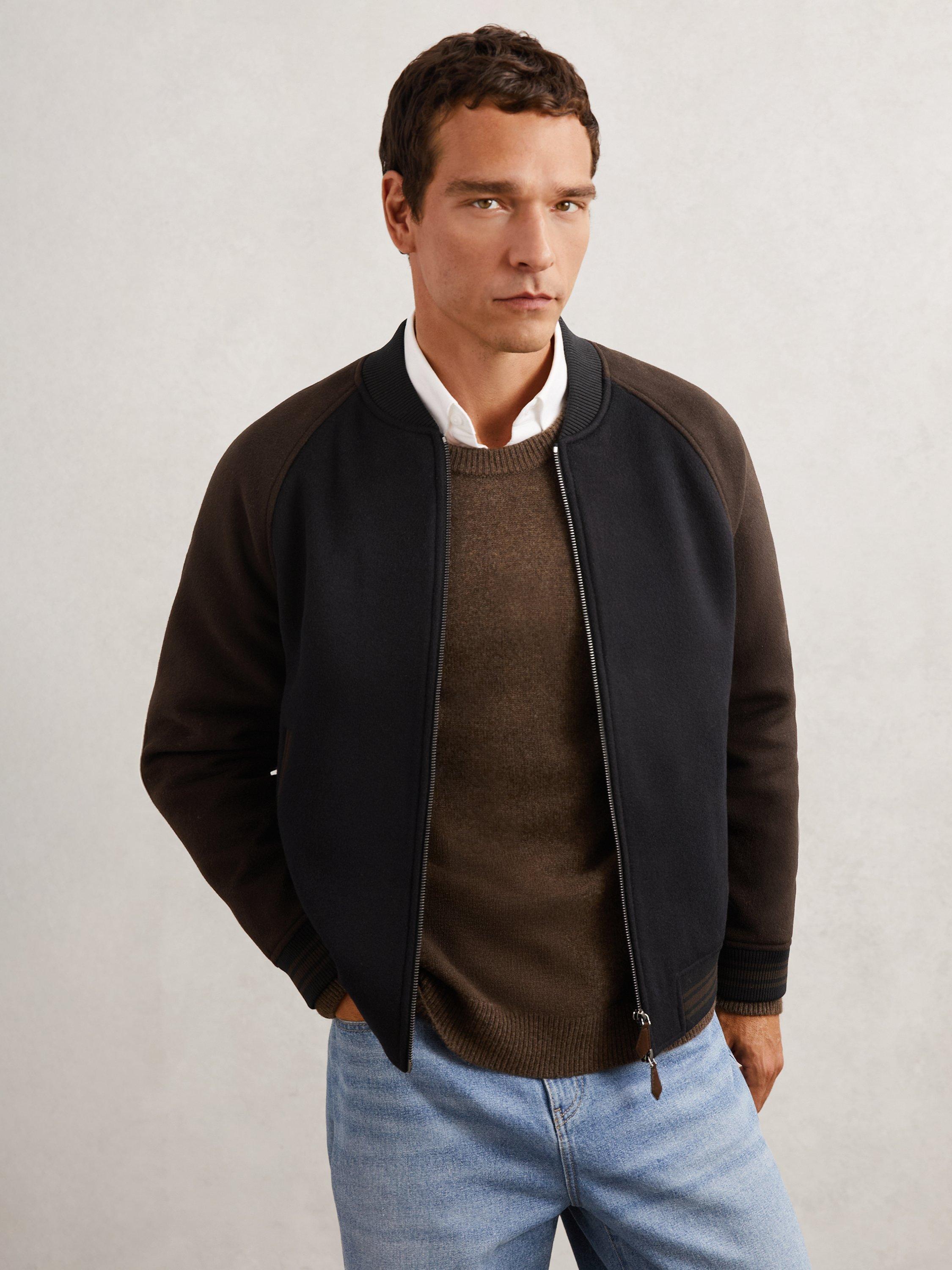Product image 1 of 5, which shows Reiss Rylan Wool Blend Bomber Jacket, Navy/Brown, XS