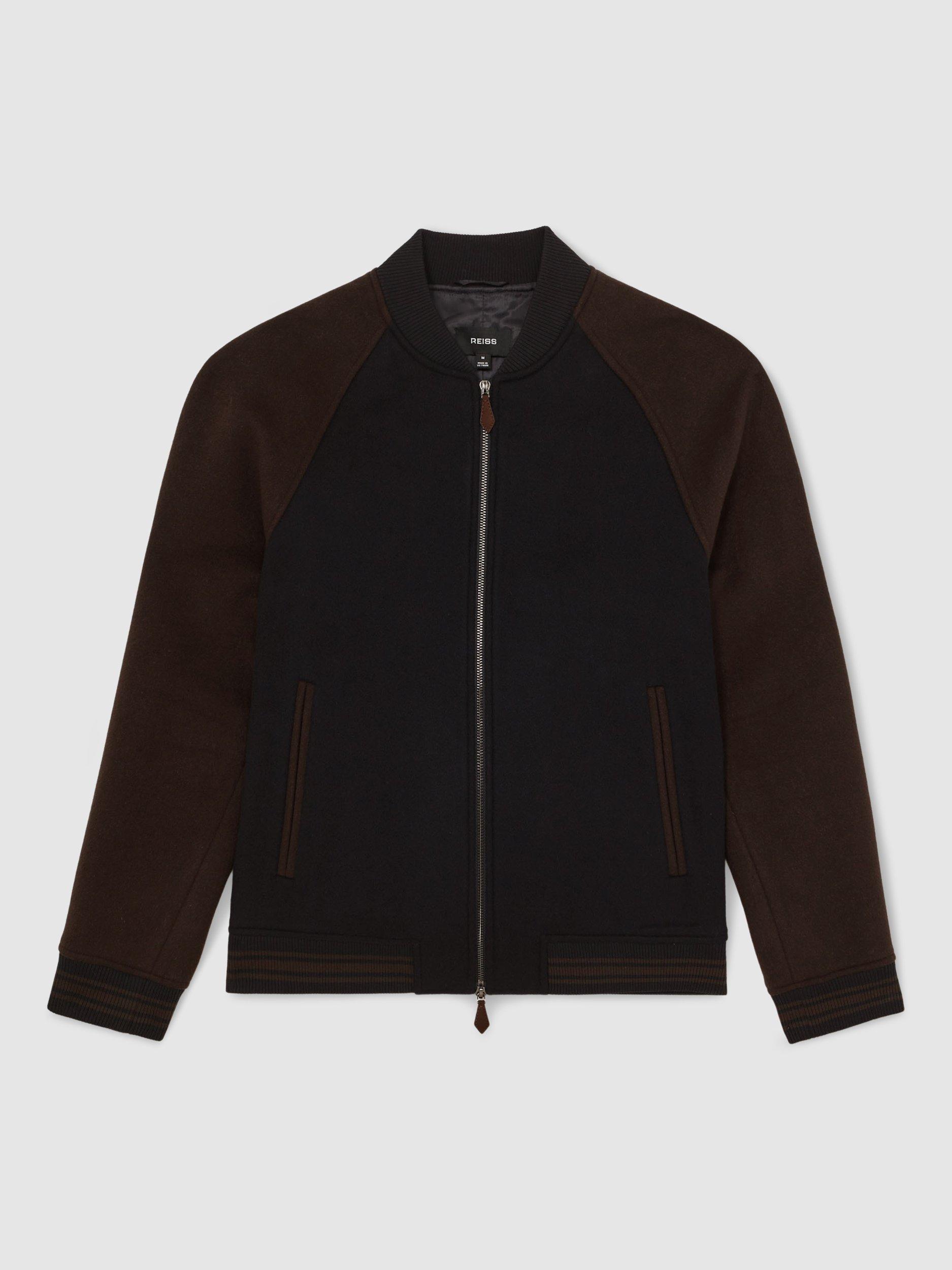 Product image 3 of 5, which shows Reiss Rylan Wool Blend Bomber Jacket, Navy/Brown, XS