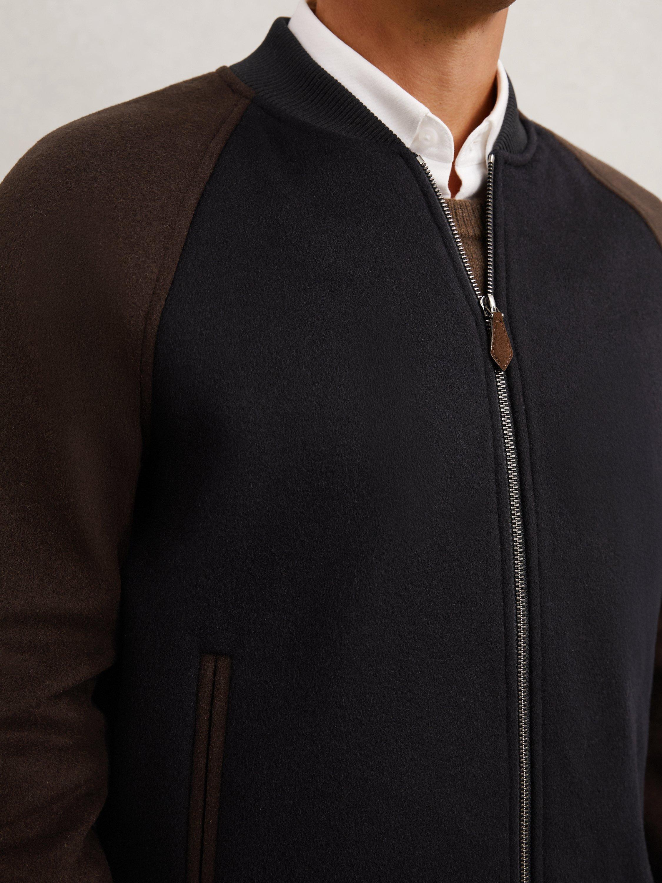 Product image 4 of 5, which shows Reiss Rylan Wool Blend Bomber Jacket, Navy/Brown, XS