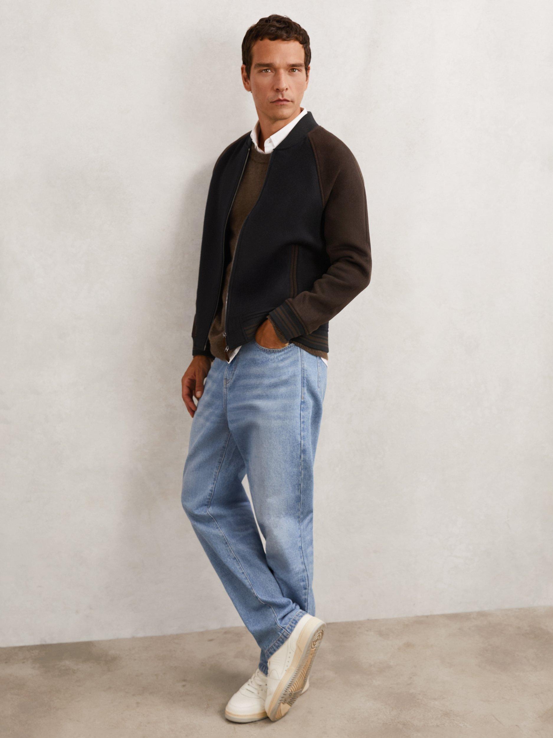 Product image 5 of 5, which shows Reiss Rylan Wool Blend Bomber Jacket, Navy/Brown, XS