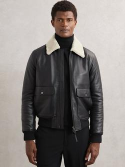Reiss Shaker Leather Zip Jacket, Black