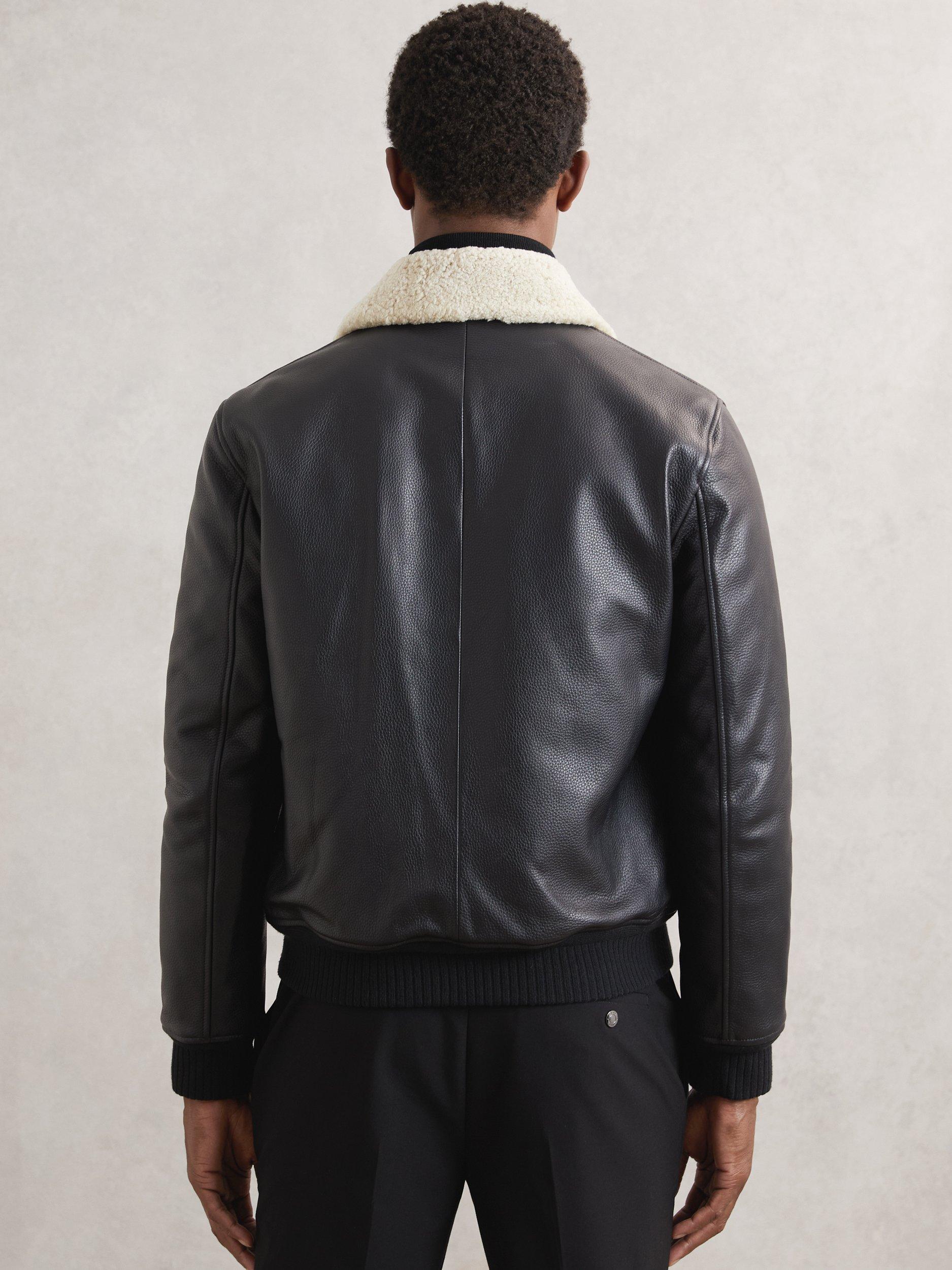 Product image 2 of 5, which shows Reiss Shaker Leather Zip Jacket, Black, M
