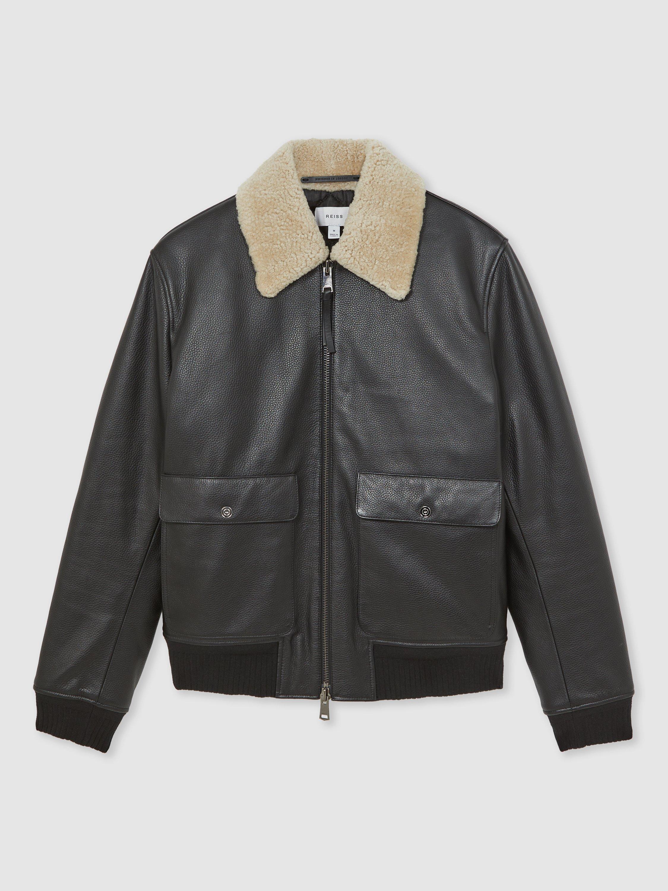Product image 3 of 5, which shows Reiss Shaker Leather Zip Jacket, Black, M