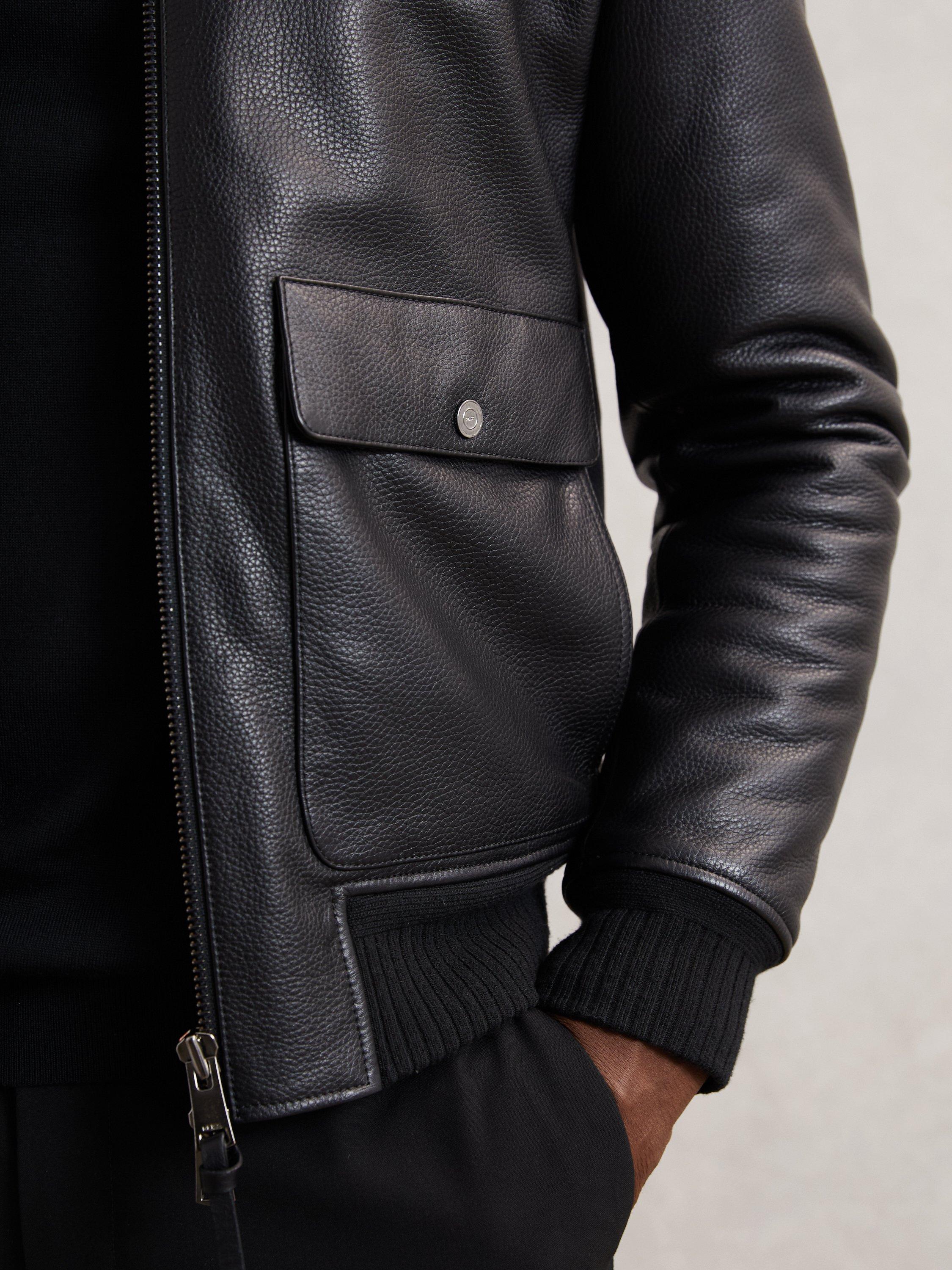 Product image 5 of 5, which shows Reiss Shaker Leather Zip Jacket, Black, M