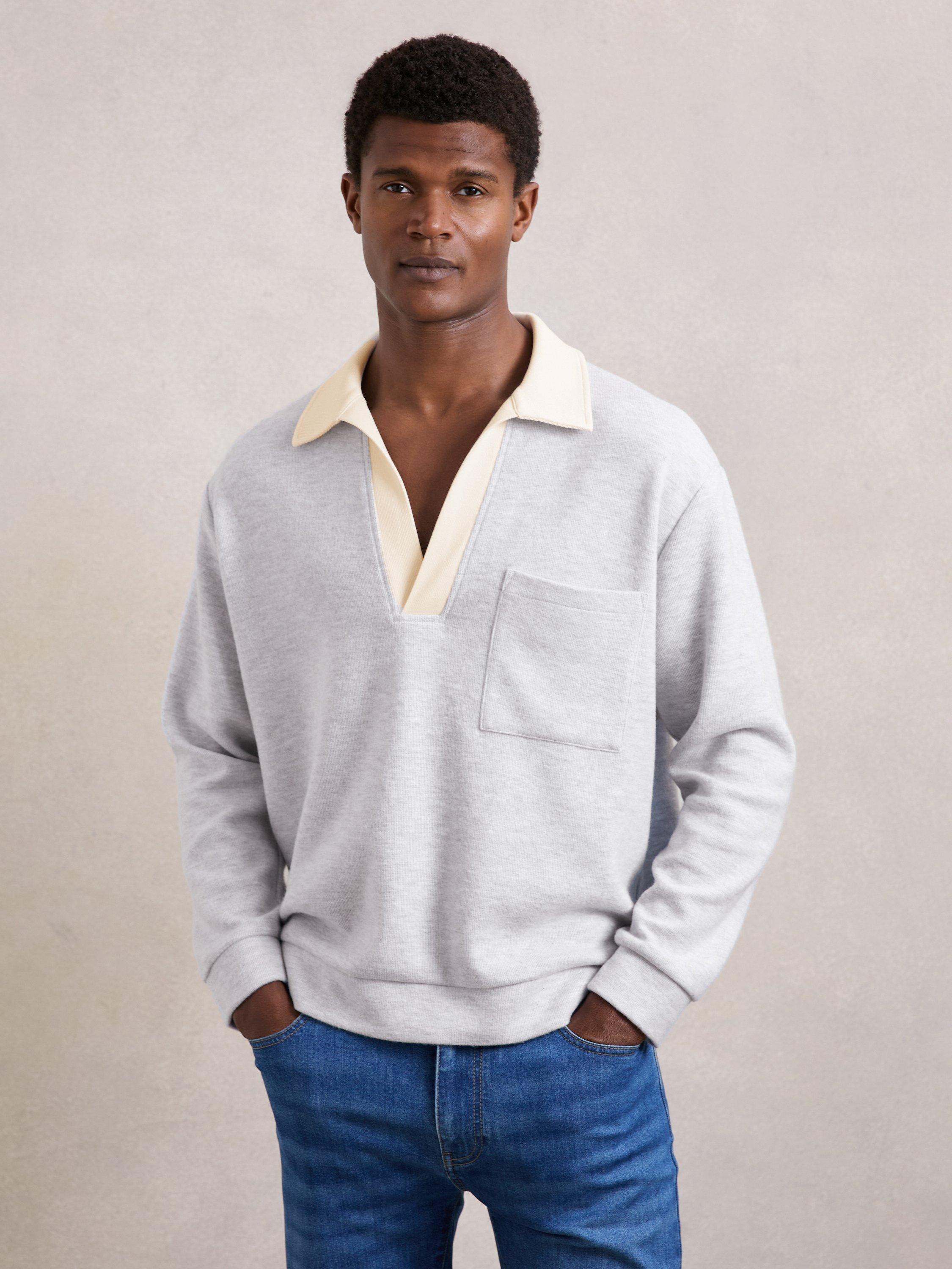 Product image 1 of 5, which shows Reiss Hoyle Buttonless Long Sleeve Polo Shirt, Grey Marl/White, M