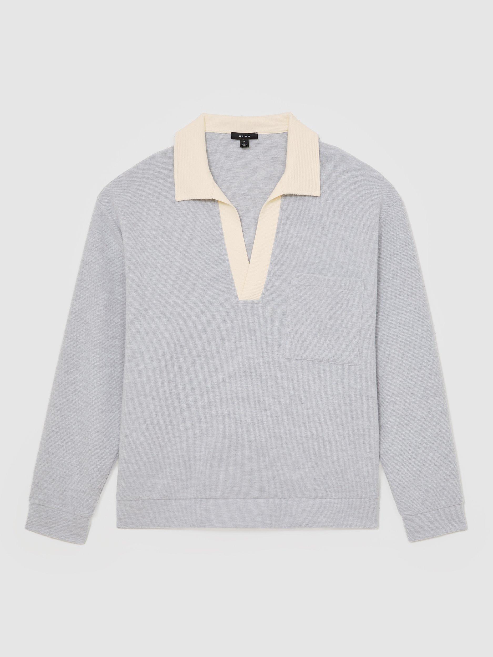 Product image 3 of 5, which shows Reiss Hoyle Buttonless Long Sleeve Polo Shirt, Grey Marl/White, M