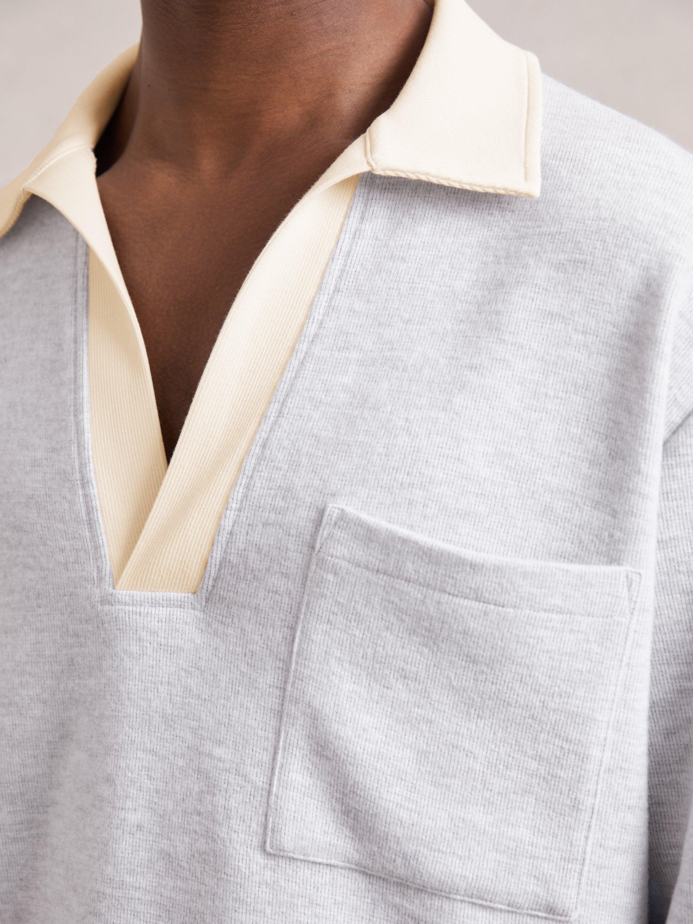 Product image 4 of 5, which shows Reiss Hoyle Buttonless Long Sleeve Polo Shirt, Grey Marl/White, M