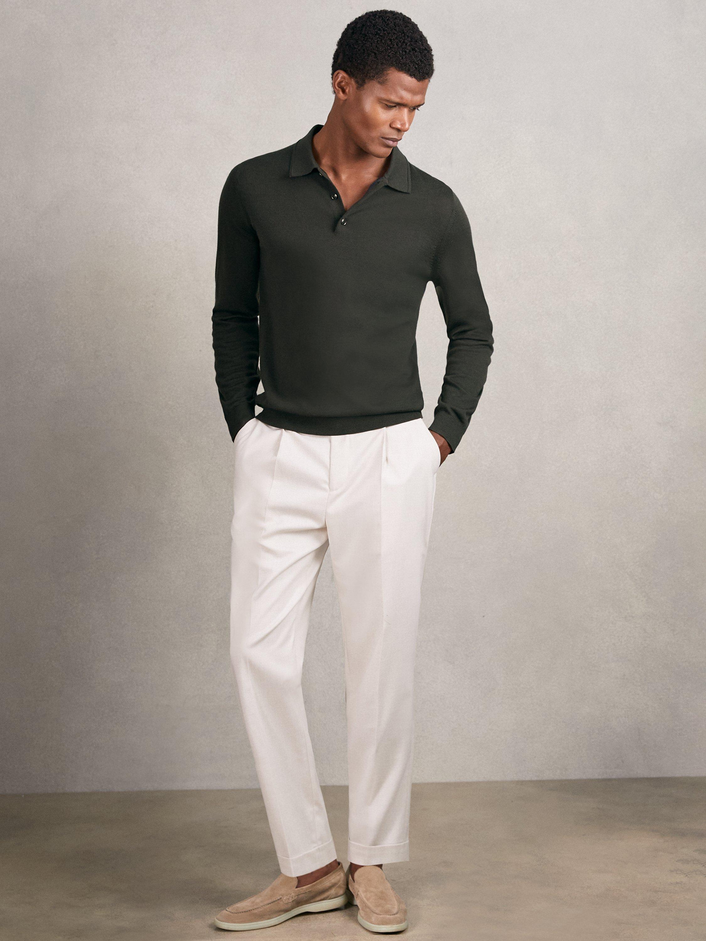 Product image 1 of 5, which shows Reiss Trafford Long Sleeve Wool Polo Shirt, Dark Military Green, XS