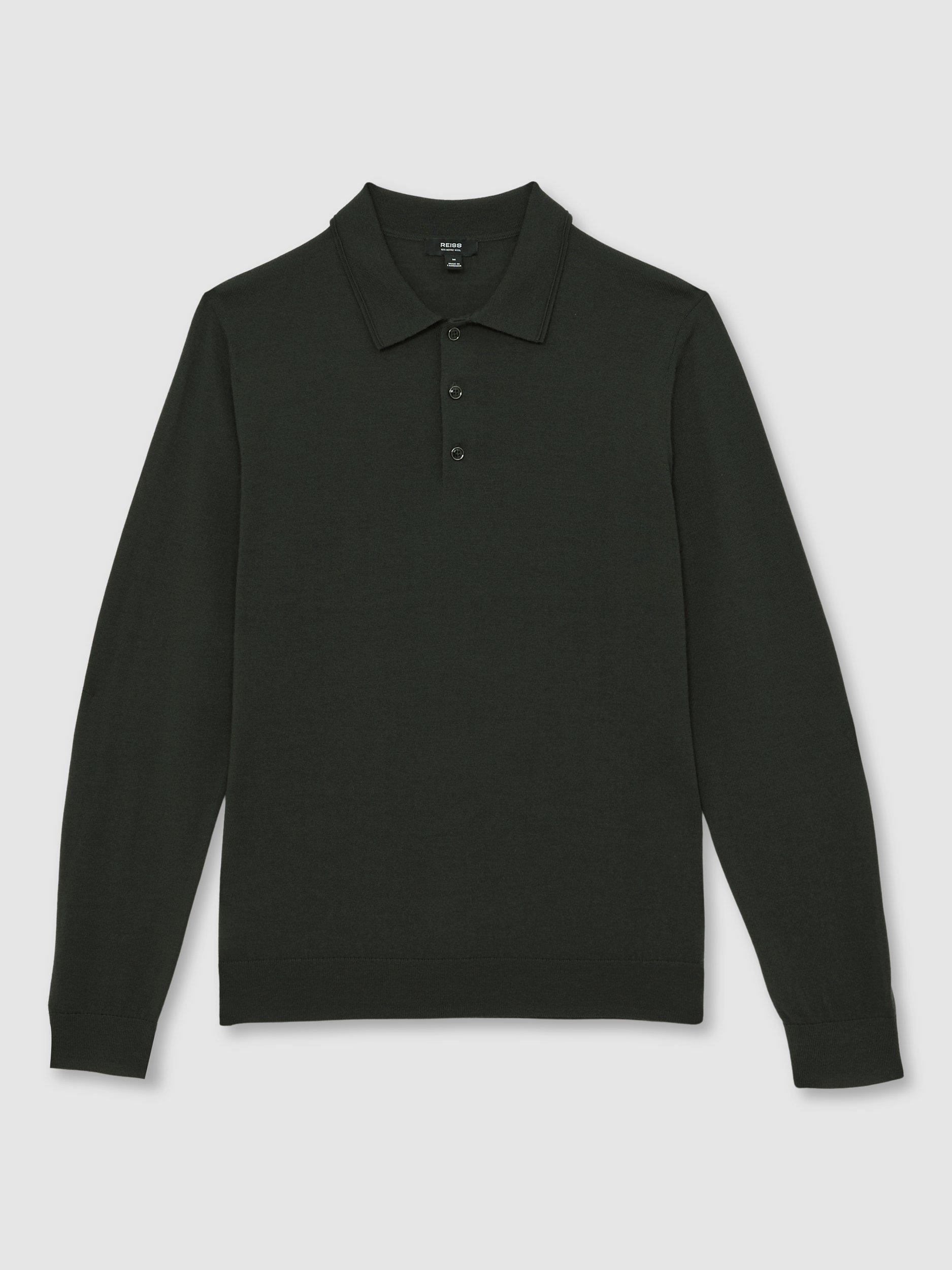 Product image 3 of 5, which shows Reiss Trafford Long Sleeve Wool Polo Shirt, Dark Military Green, XS