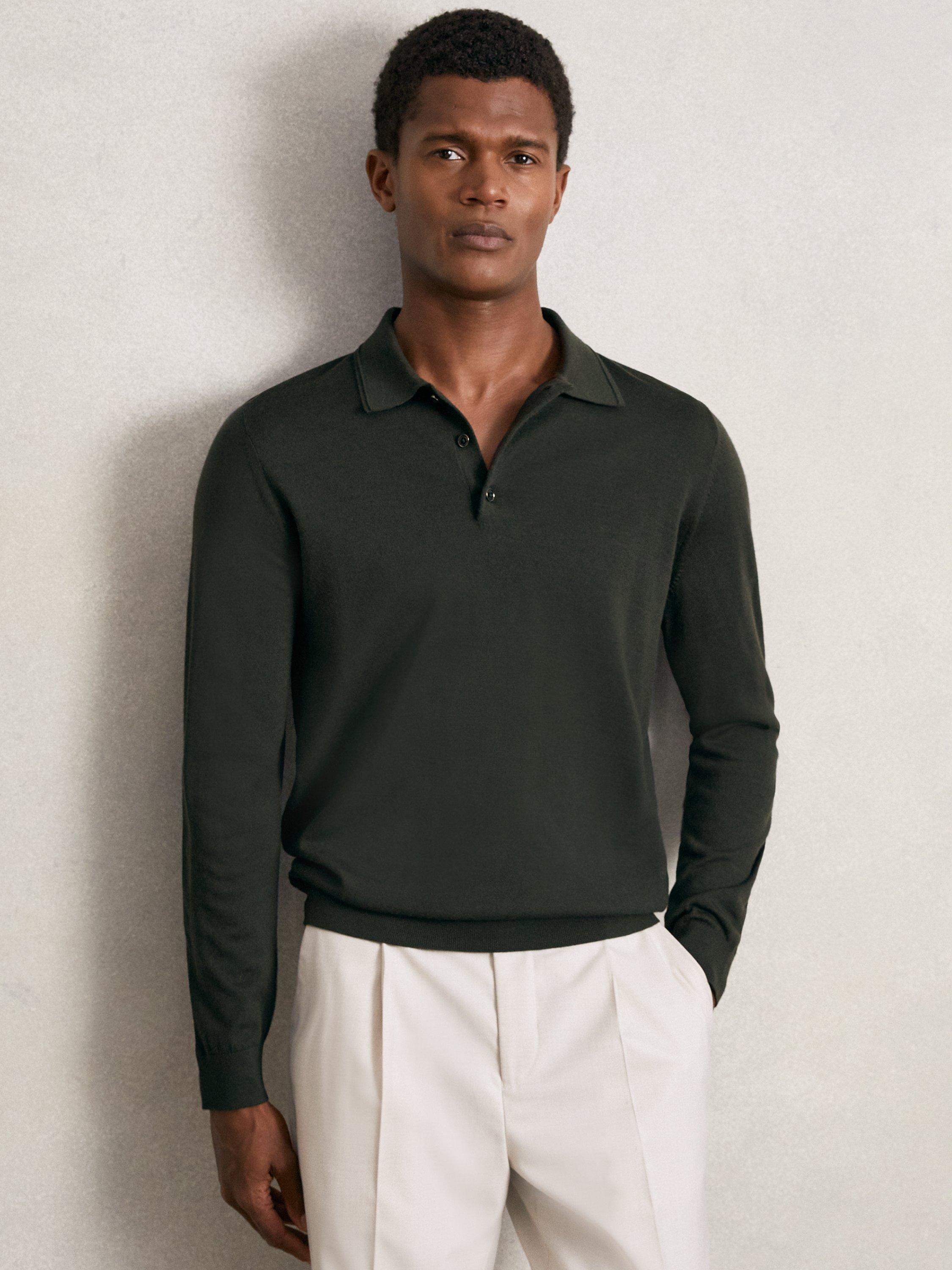 Product image 4 of 5, which shows Reiss Trafford Long Sleeve Wool Polo Shirt, Dark Military Green, XS