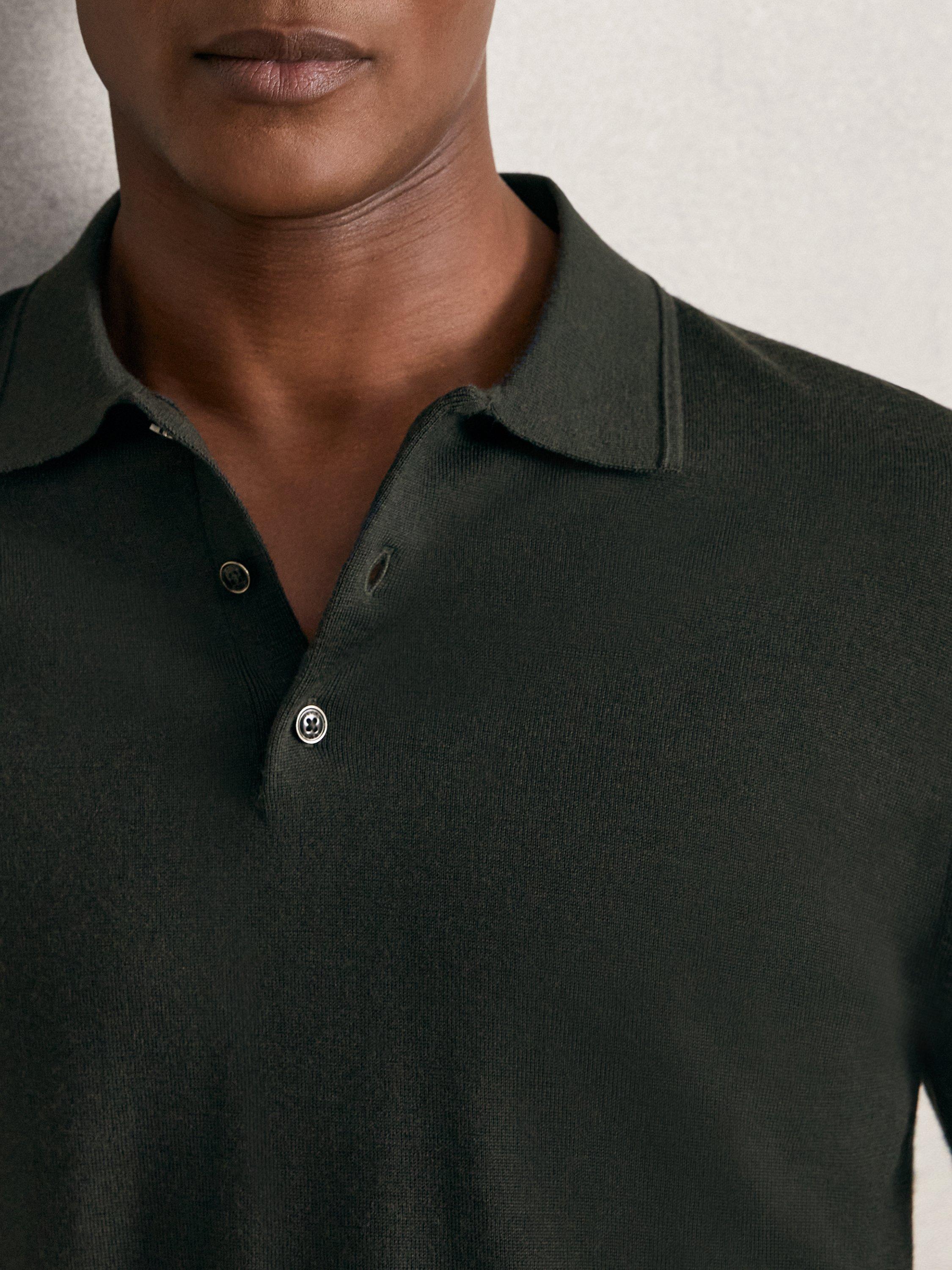 Product image 5 of 5, which shows Reiss Trafford Long Sleeve Wool Polo Shirt, Dark Military Green, XS