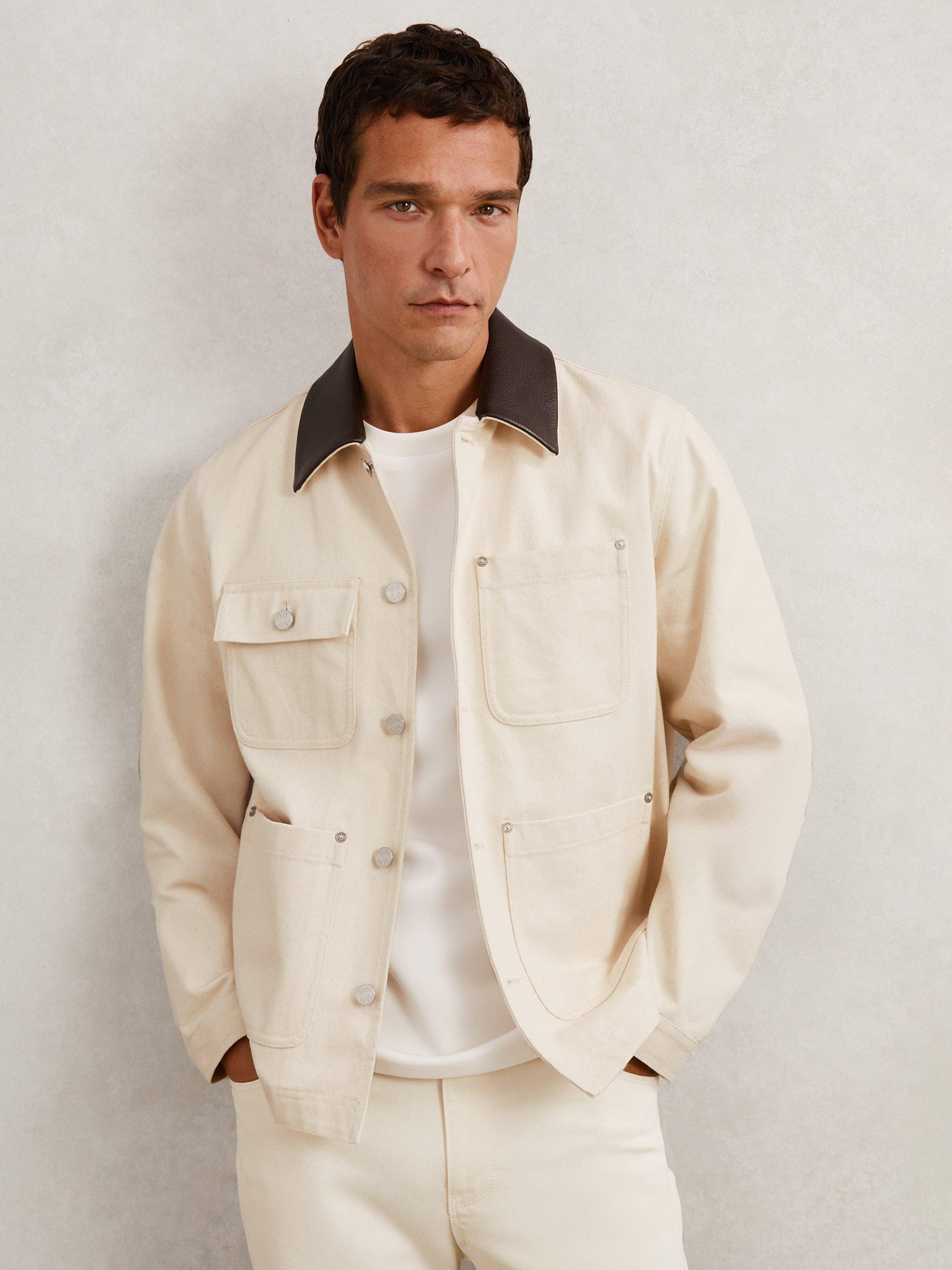 Product image 1 of 5, which shows Reiss Clapper Cotton Regular Fit Overshirt, Off White, L