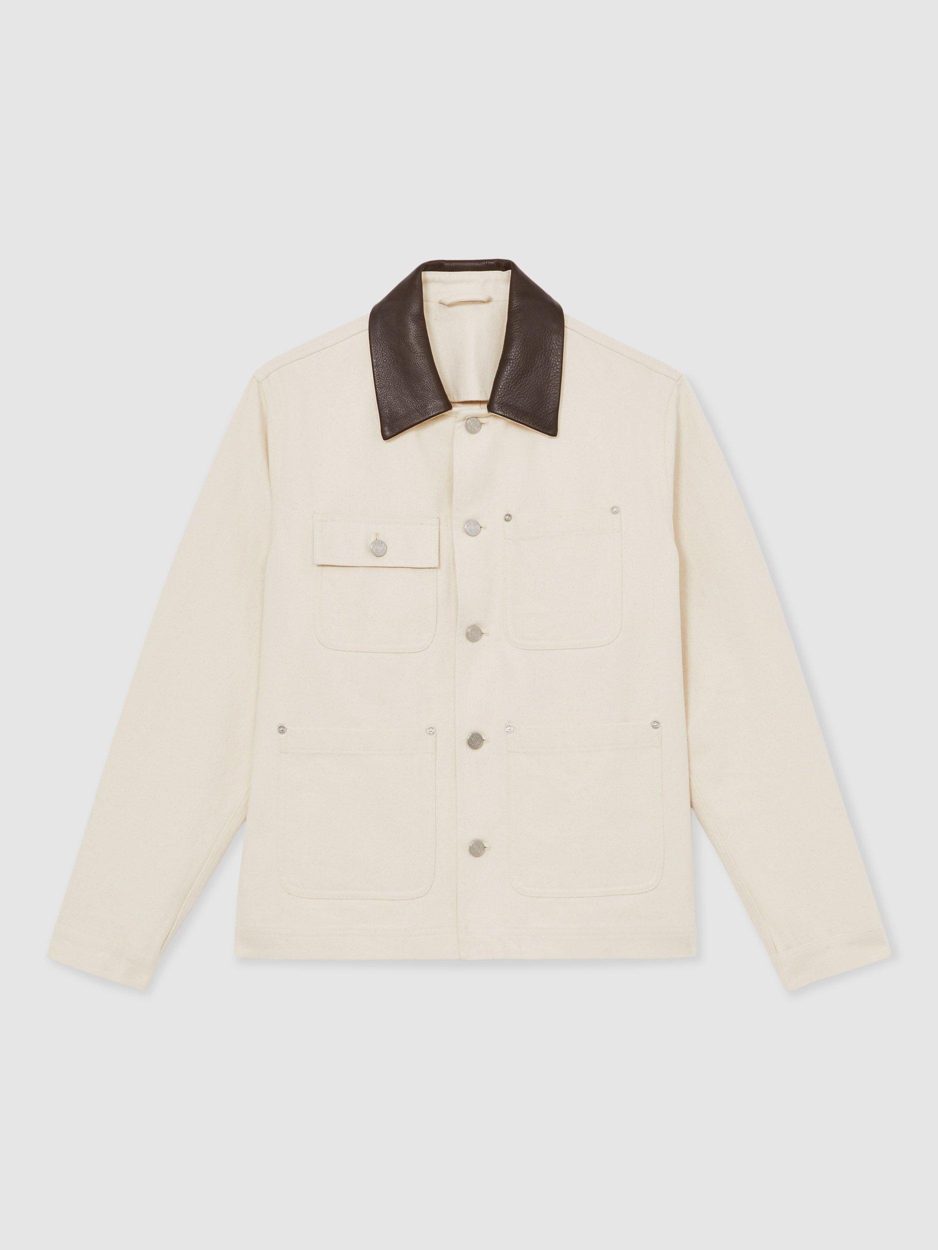 Product image 3 of 5, which shows Reiss Clapper Cotton Regular Fit Overshirt, Off White, L