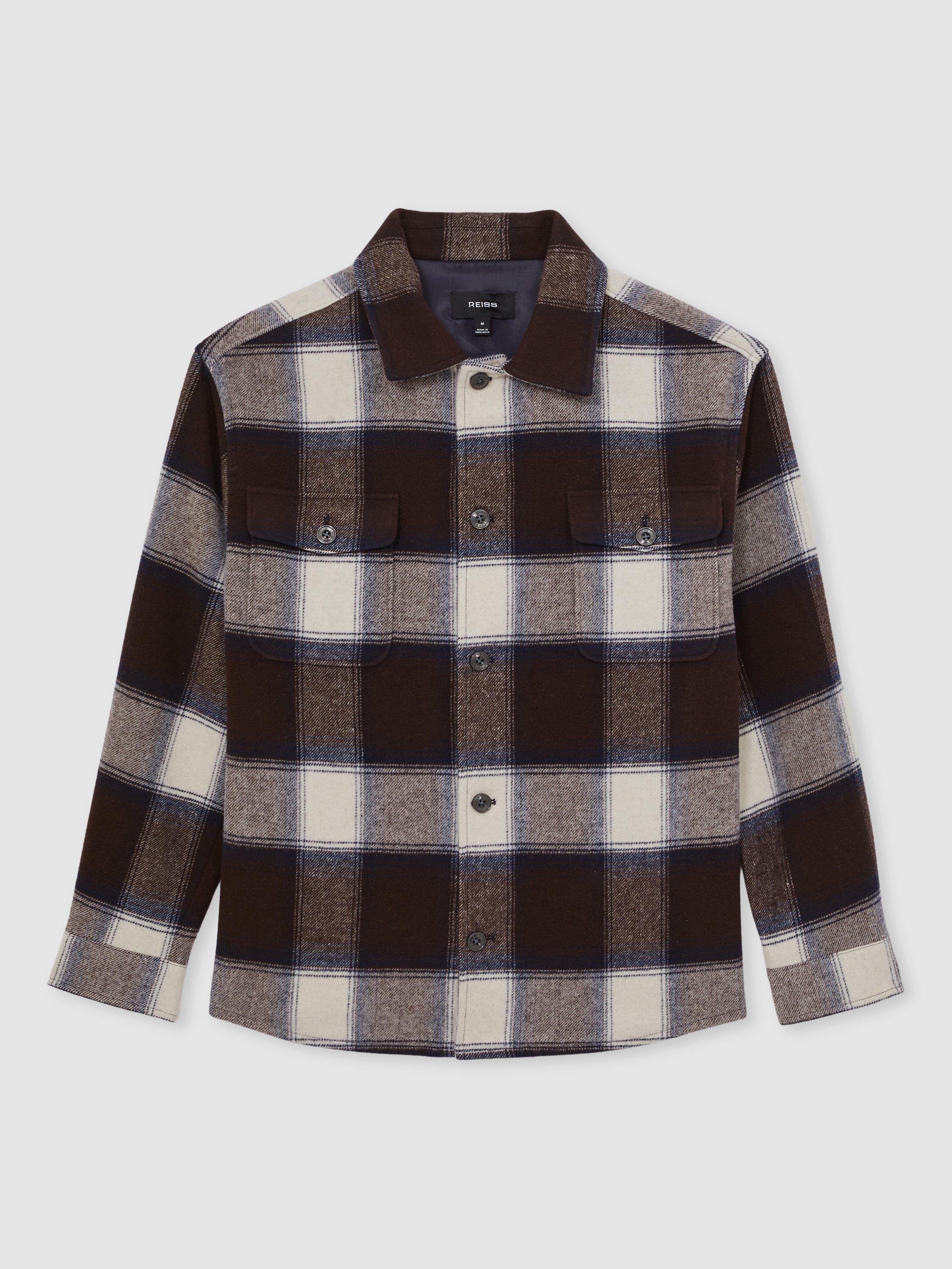 Product image 3 of 5, which shows Reiss McFadden Wool Blend Regular Fit Check Overshirt, Navy/Multi, XS