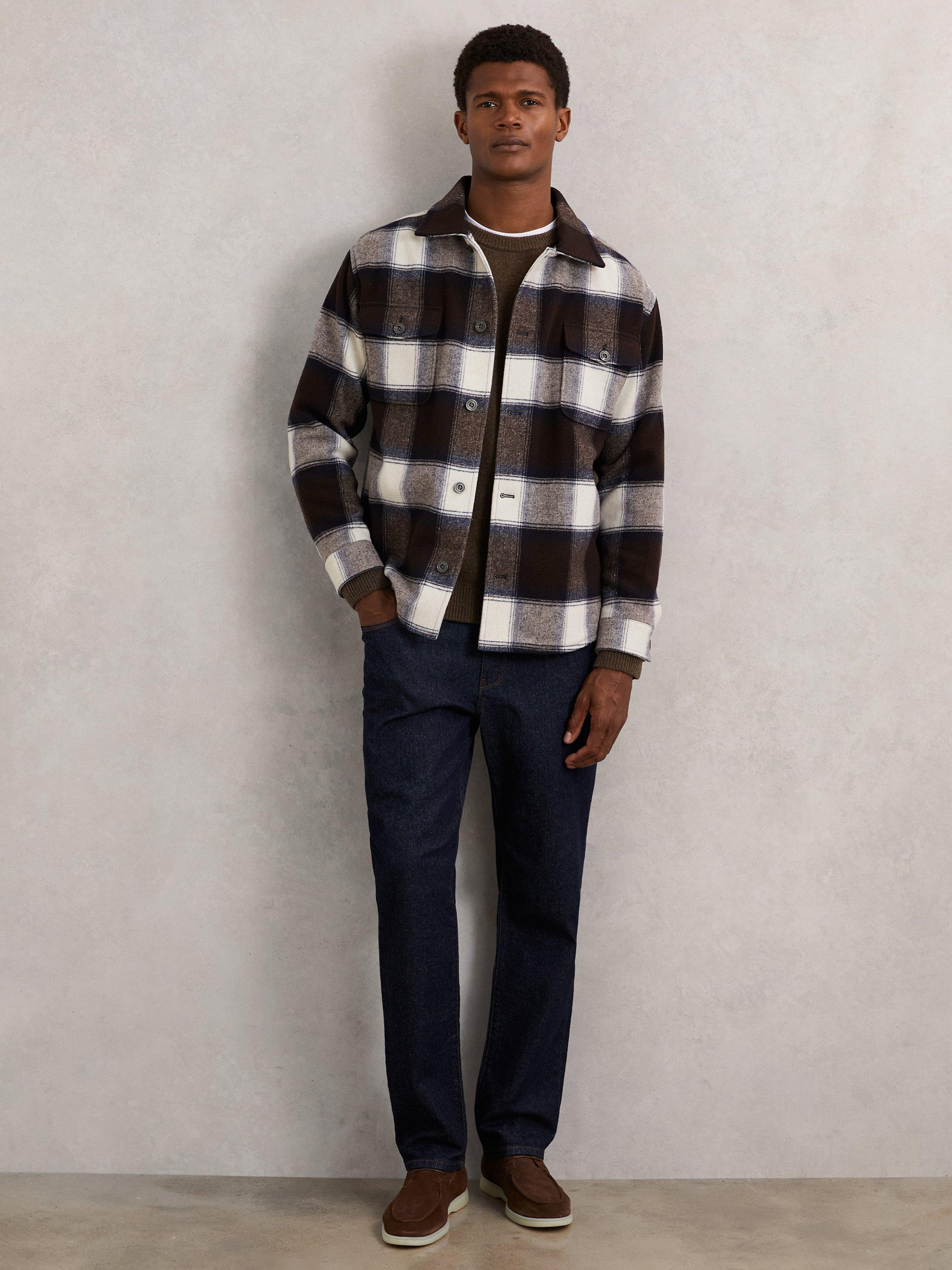 Product image 5 of 5, which shows Reiss McFadden Wool Blend Regular Fit Check Overshirt, Navy/Multi, XS