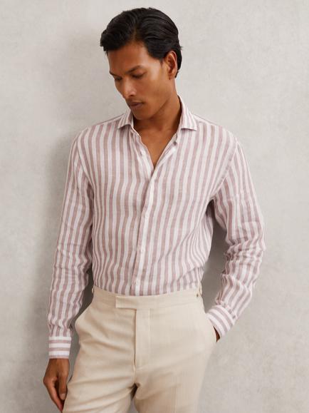 Reiss Ruban Striped Linen Cutaway Collar Regular Fit Shirt, Dusty Rose/White, Dusty Rose /White