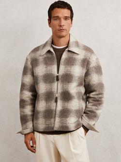 Reiss Sorento Wool Blend Zipped Check Shirt, Ecru/Brown, Ecru/Brown