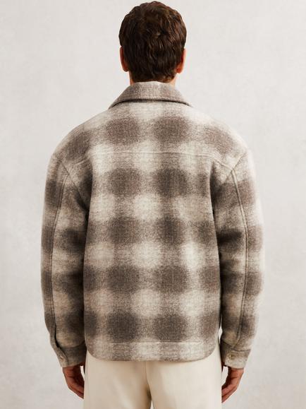 Reiss Sorento Wool Blend Zipped Check Shirt, Ecru/Brown - view 2, Ecru/Brown