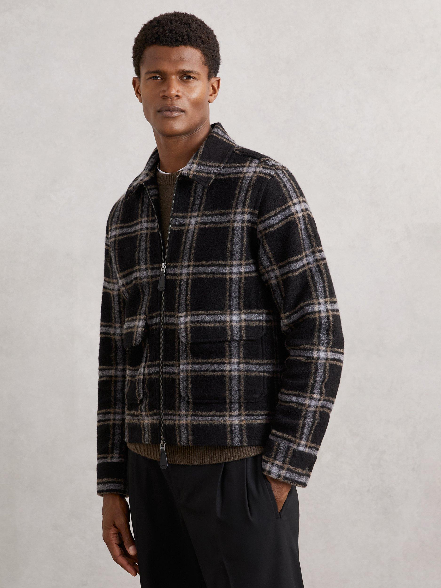 Product image 1 of 5, which shows Reiss Varena Zip Front Check Overshirt, Navy, XS
