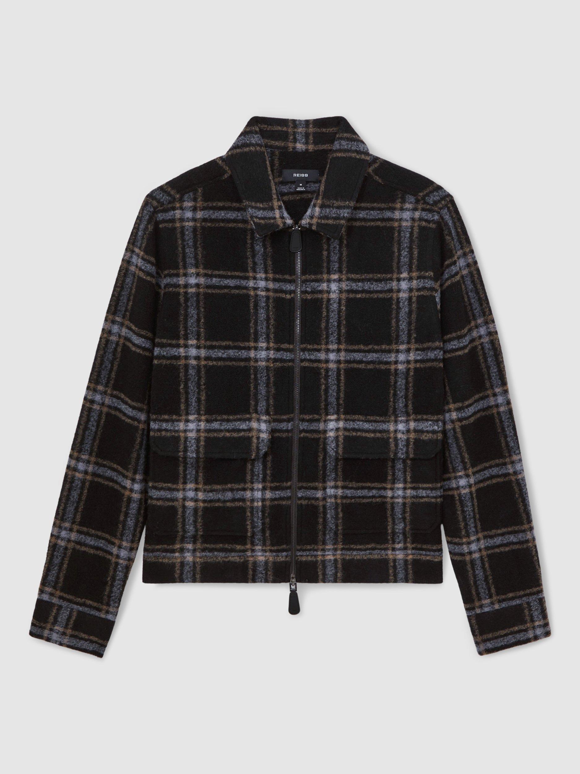 Product image 3 of 5, which shows Reiss Varena Zip Front Check Overshirt, Navy, XS