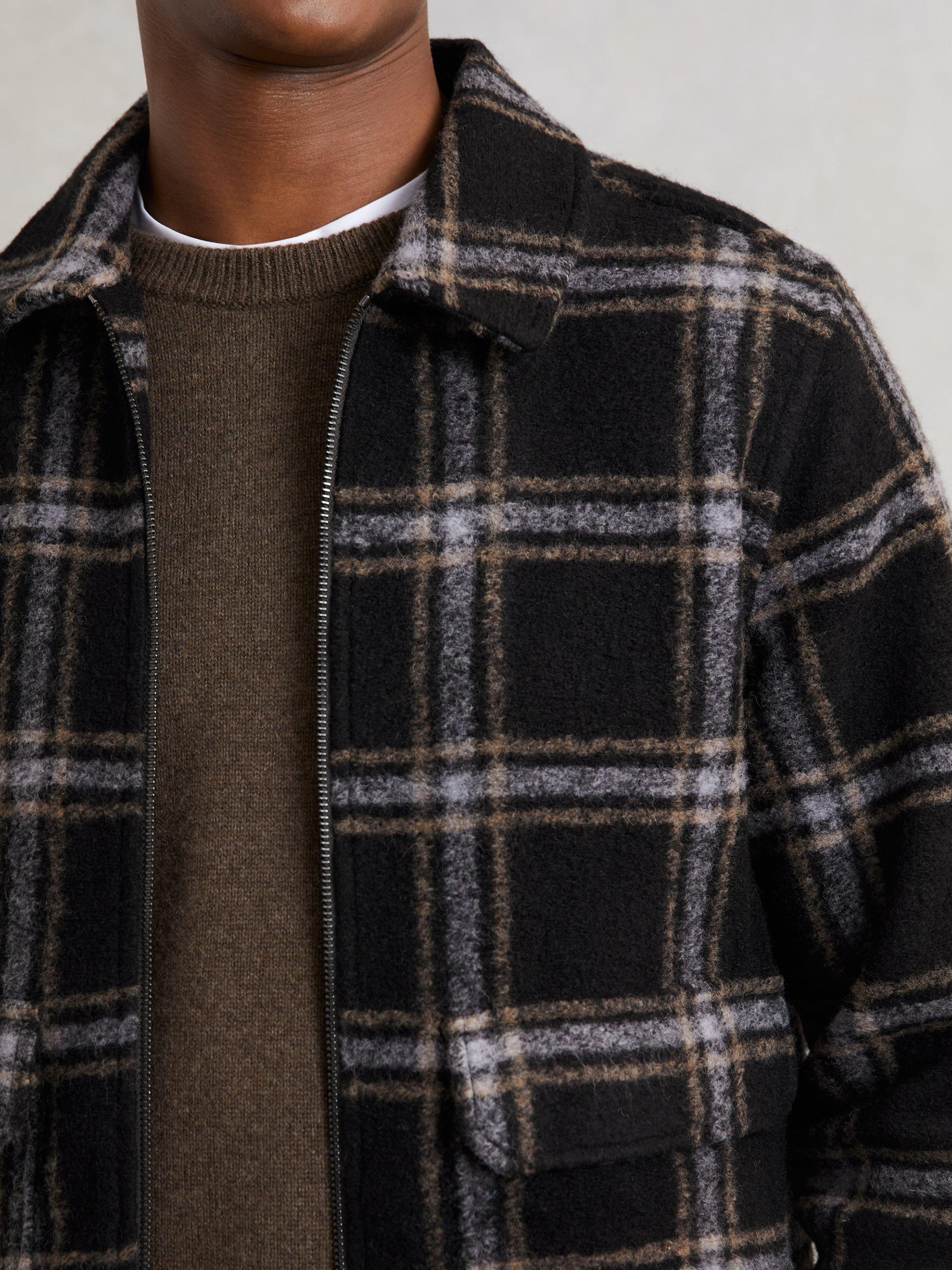 Product image 5 of 5, which shows Reiss Varena Zip Front Check Overshirt, Navy, XS