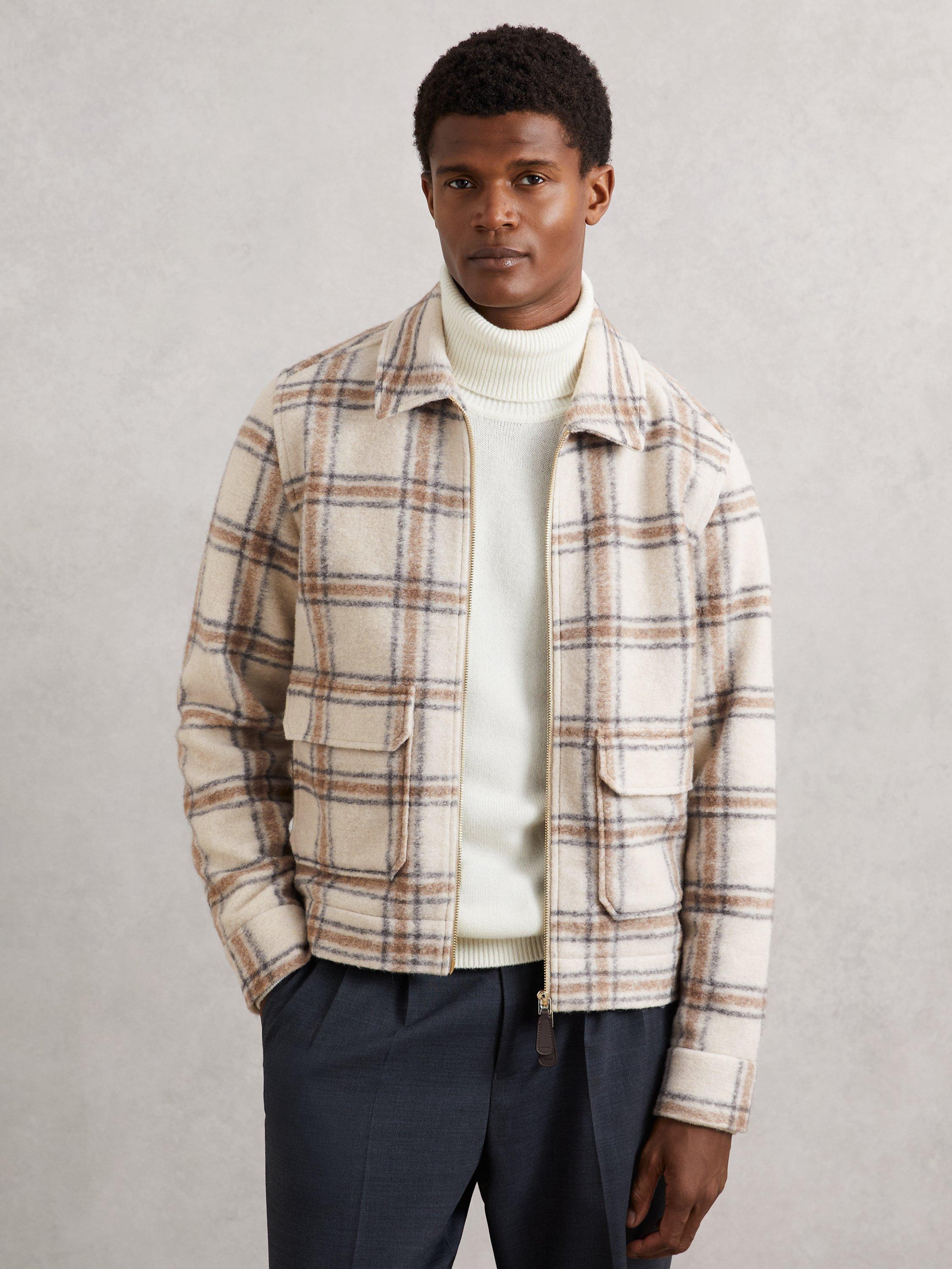 Product image 1 of 5, which shows Reiss Varena Zip Front Check Overshirt, Stone, XS