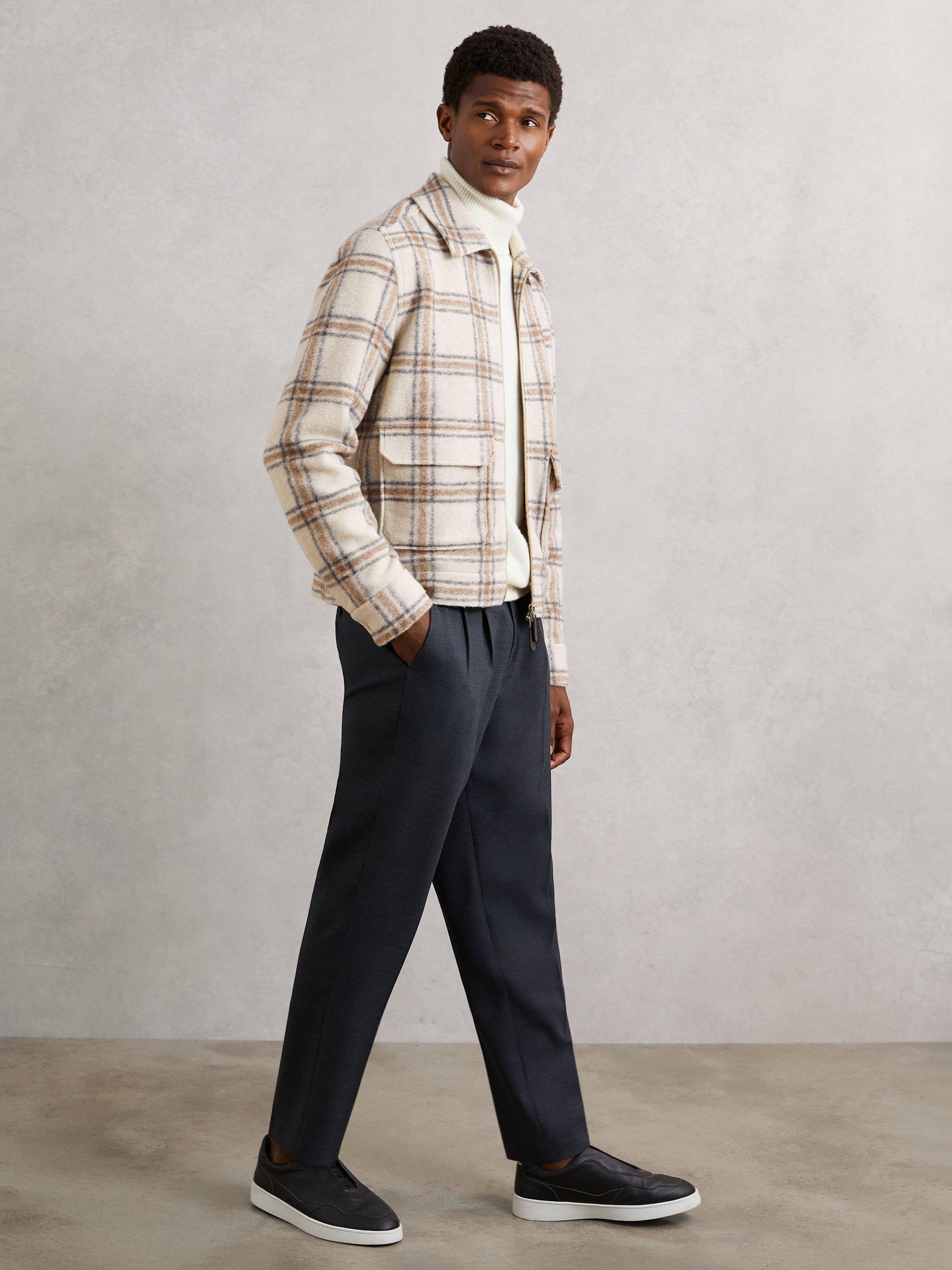 Product image 2 of 5, which shows Reiss Varena Zip Front Check Overshirt, Stone, XS
