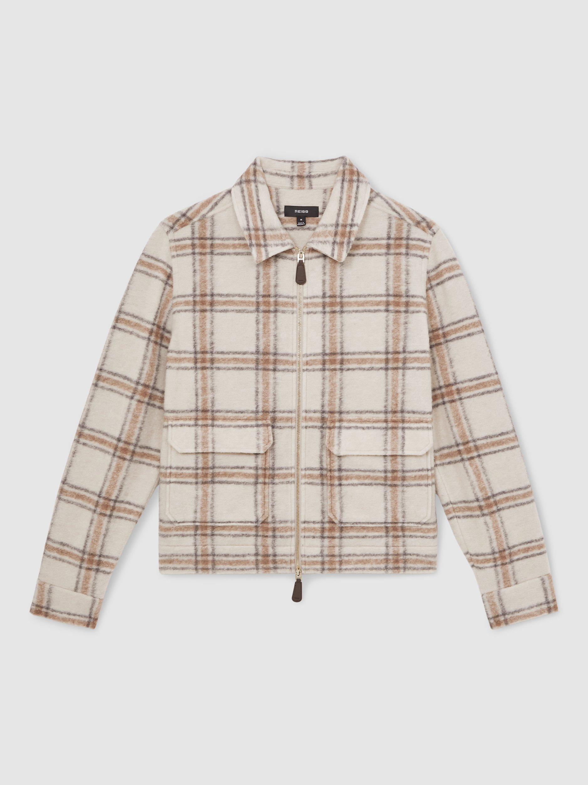 Product image 3 of 5, which shows Reiss Varena Zip Front Check Overshirt, Stone, XS