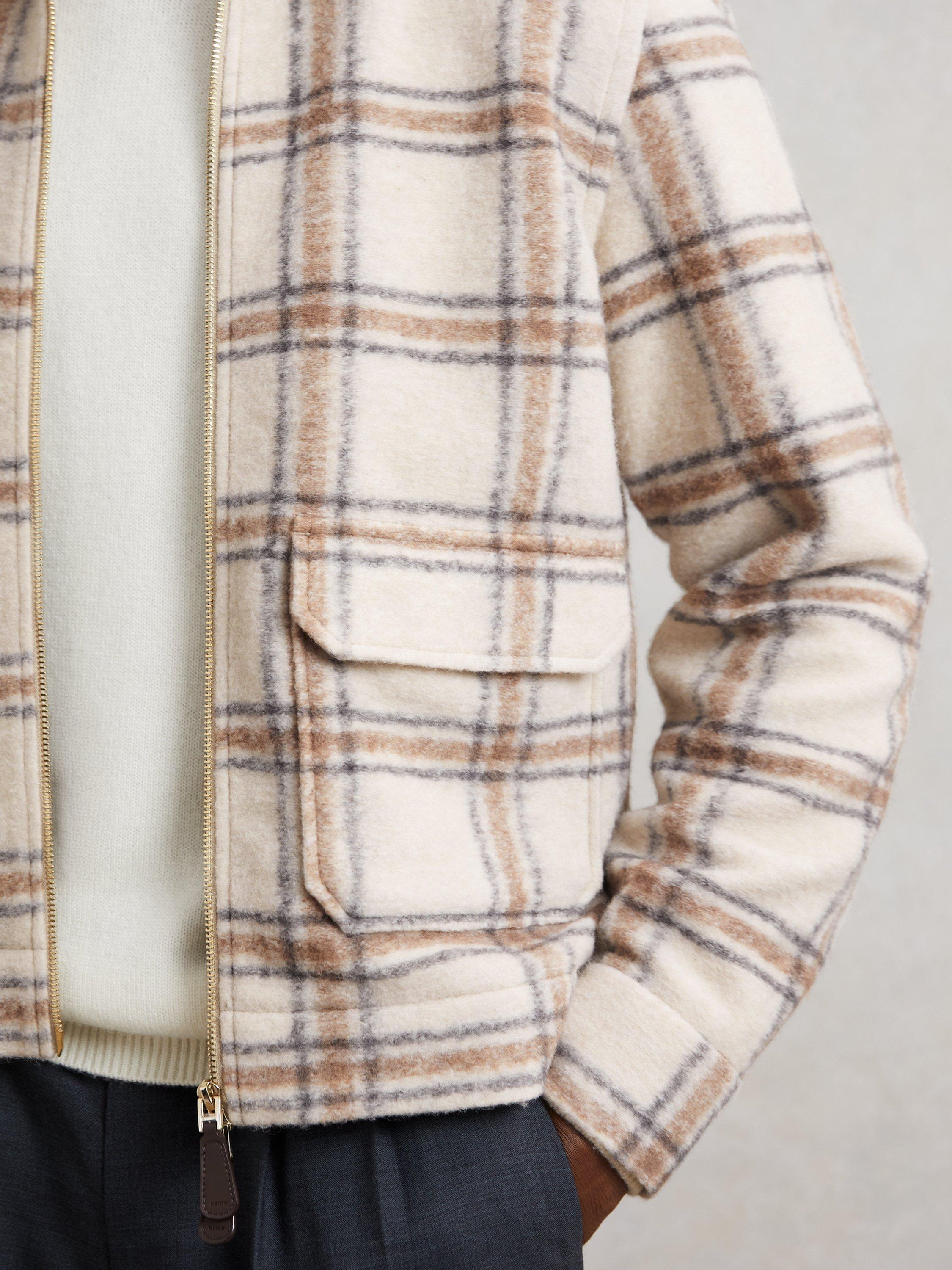 Product image 4 of 5, which shows Reiss Varena Zip Front Check Overshirt, Stone, XS