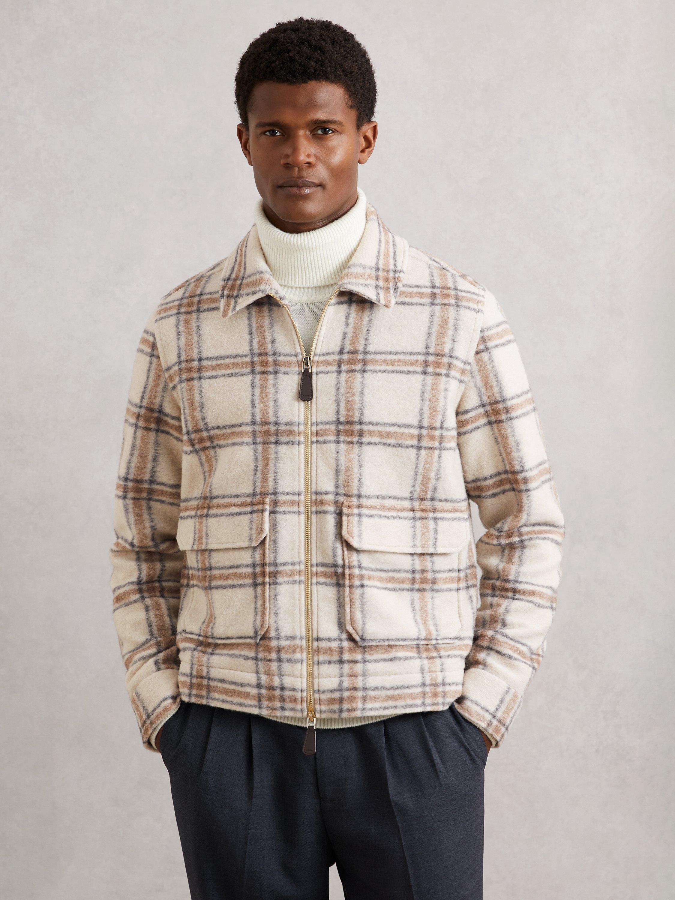 Product image 5 of 5, which shows Reiss Varena Zip Front Check Overshirt, Stone, XS