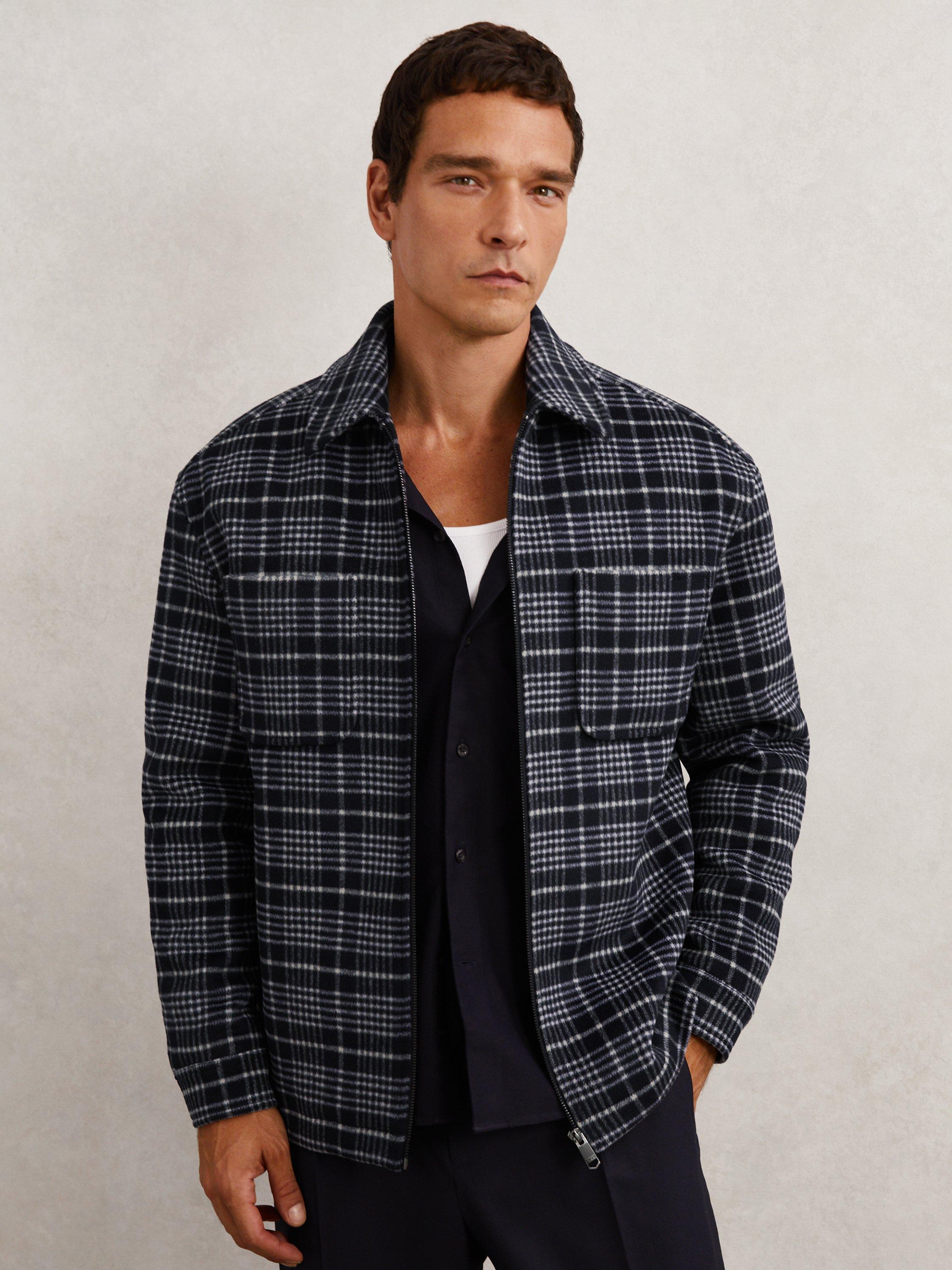 Product image 1 of 5, which shows Reiss Vitarli Check Wool Blend Overshirt, Blue, XS