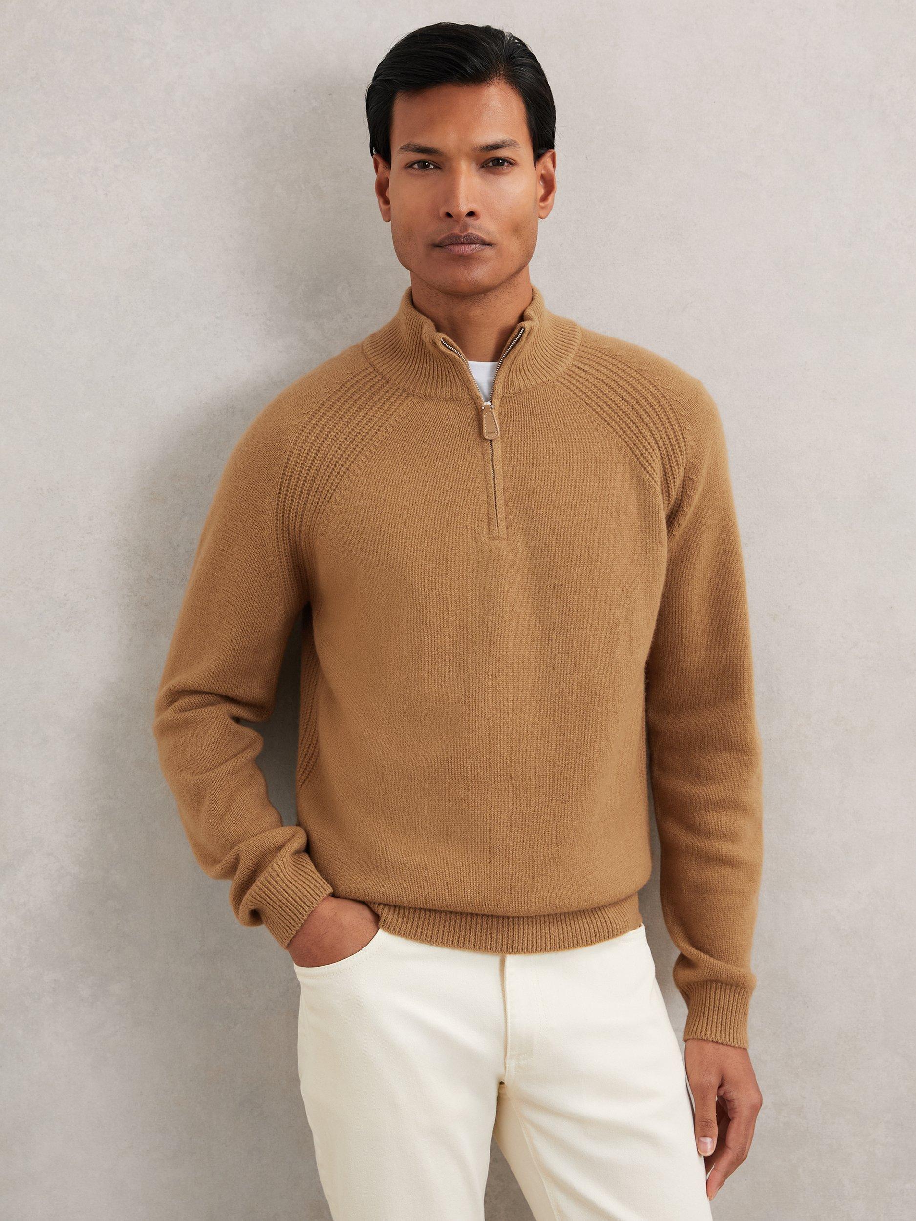 Product image 1 of 5, which shows Reiss Charming Wool Rich Zip Neck Jumper, Camel, S